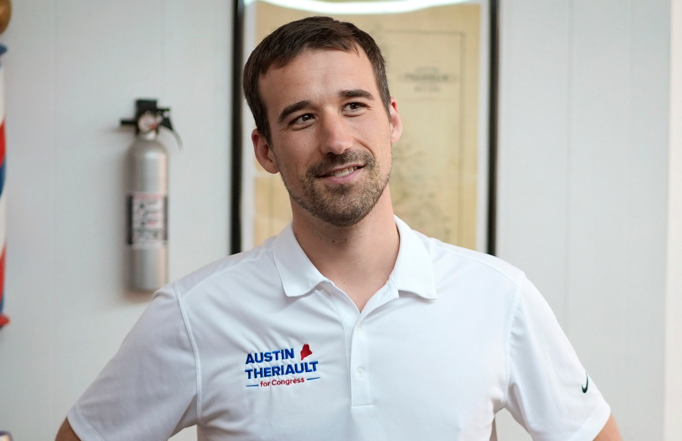 FILE - State Rep. Austin Theriault, R-Fort Kent, campaigns for Maine's 2nd Congressional District, June 5, 2024, in Farmington, Maine. (AP Photo/Robert F. Bukaty, File)