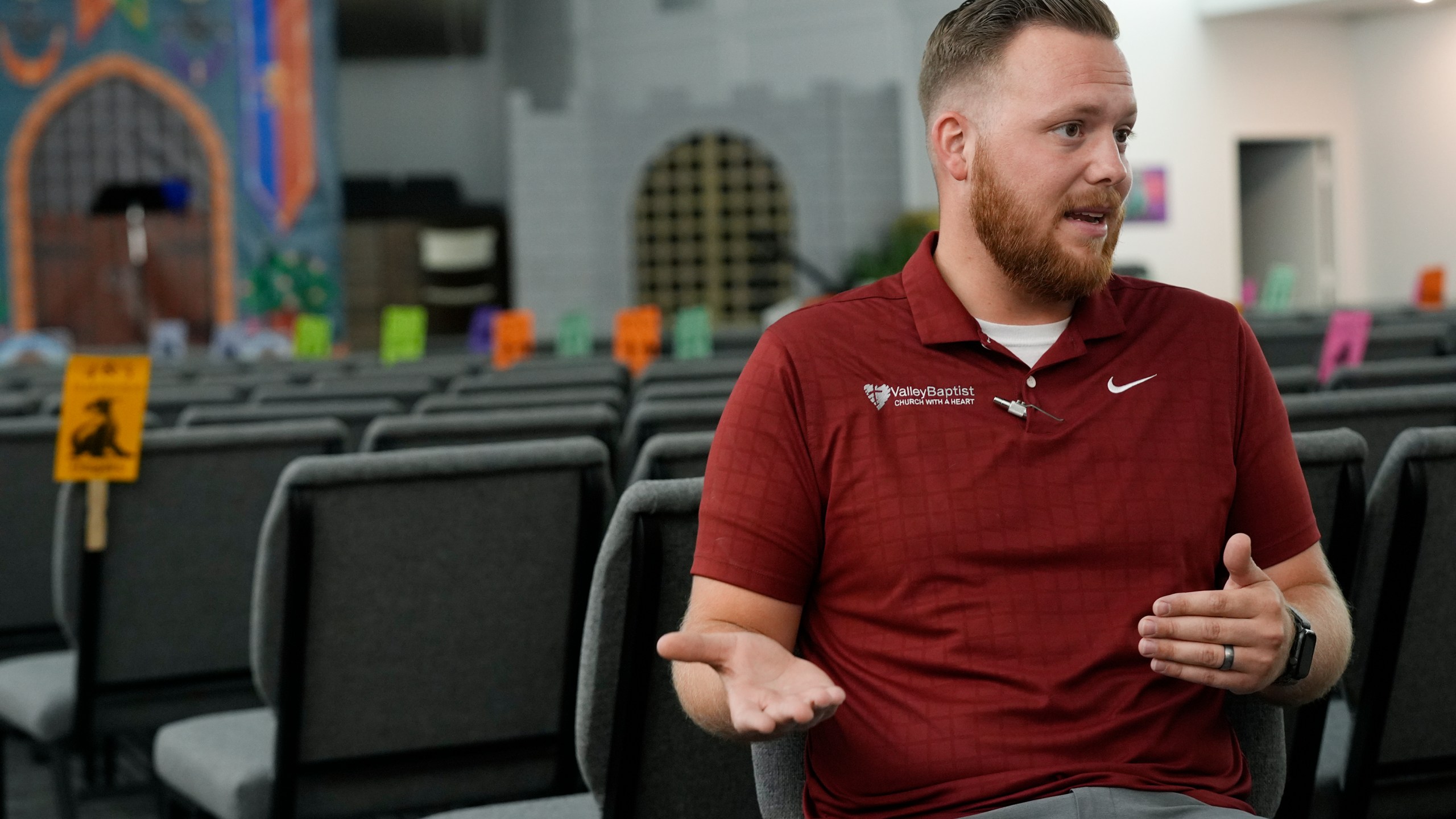 Trevor Cowling talks about his family, the economy and the election during an interview at Valley Baptist Church, Tuesday, June 18, 2024, in Mesa, Ariz. (AP Photo/Ross D. Franklin)