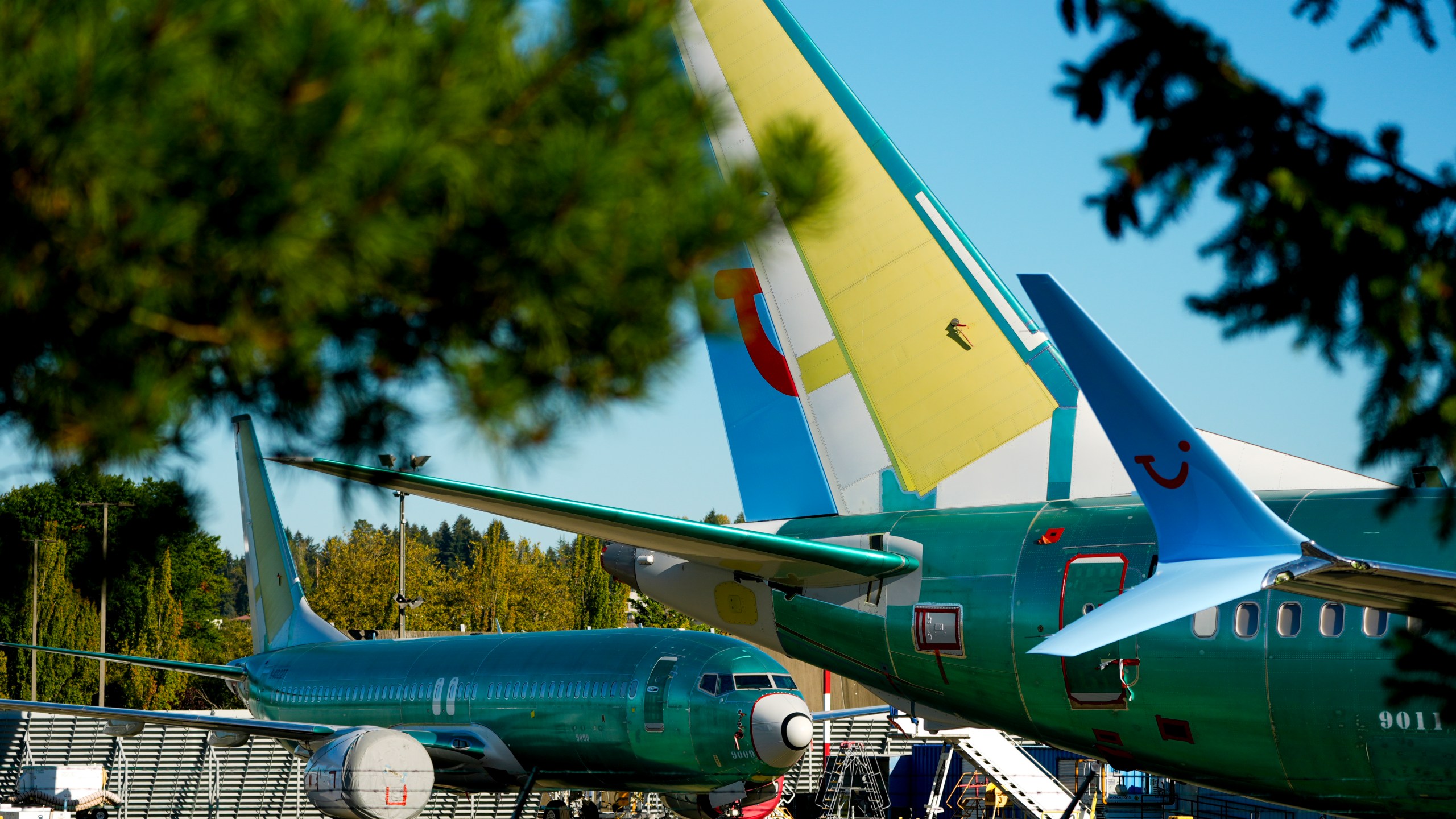 FILE - Unpainted Boeing 737 Max aircraft are seen, Tuesday, Sept. 24, 2024, at the company's facilities in Renton, Wash. (AP Photo/Lindsey Wasson, File)