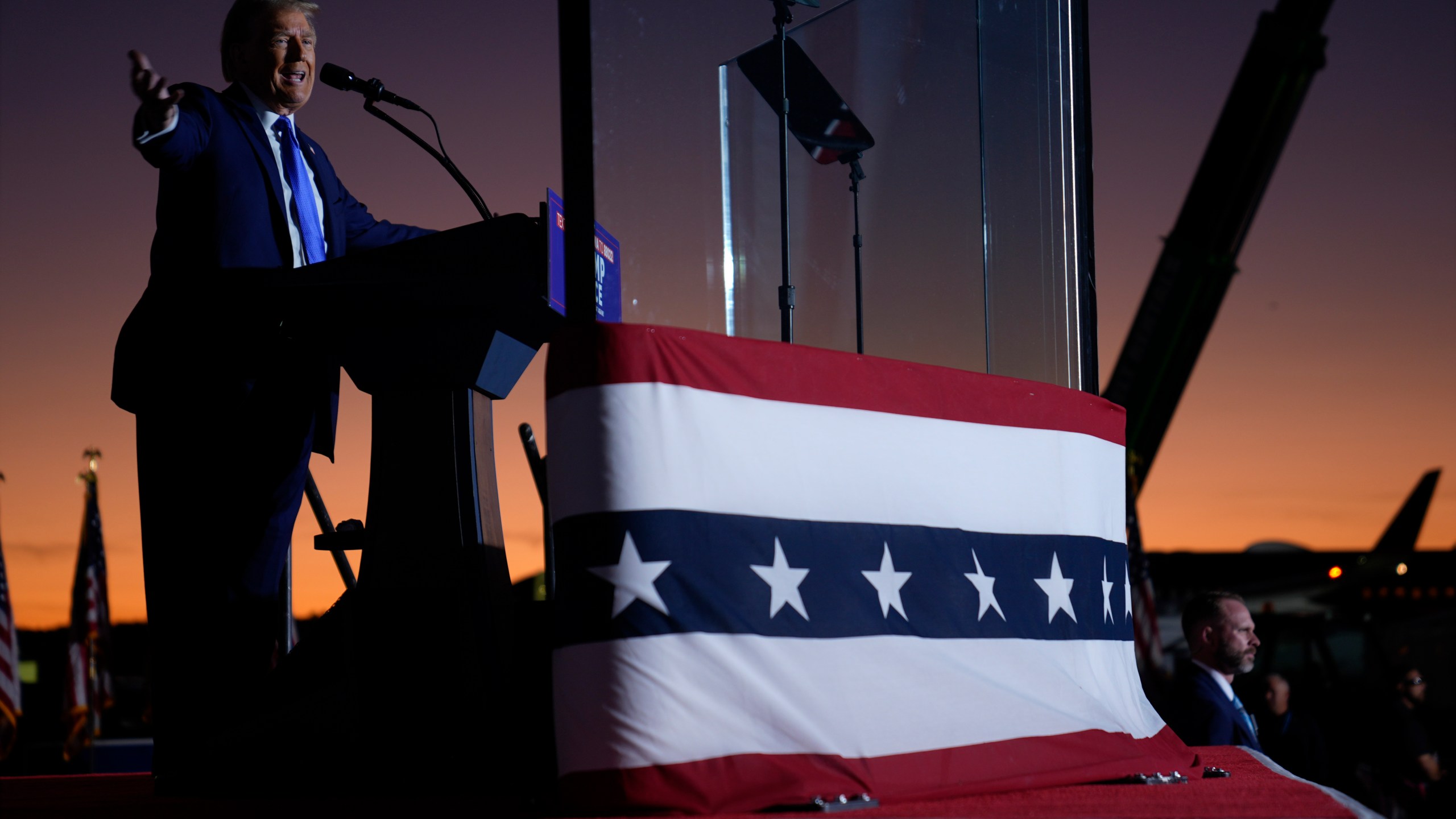 Republican presidential nominee former President Donald Trump speaks during a campaign rally at Arnold Palmer Regional Airport, Saturday, Oct. 19, 2024, in Latrobe, Pa. (AP Photo/Evan Vucci)