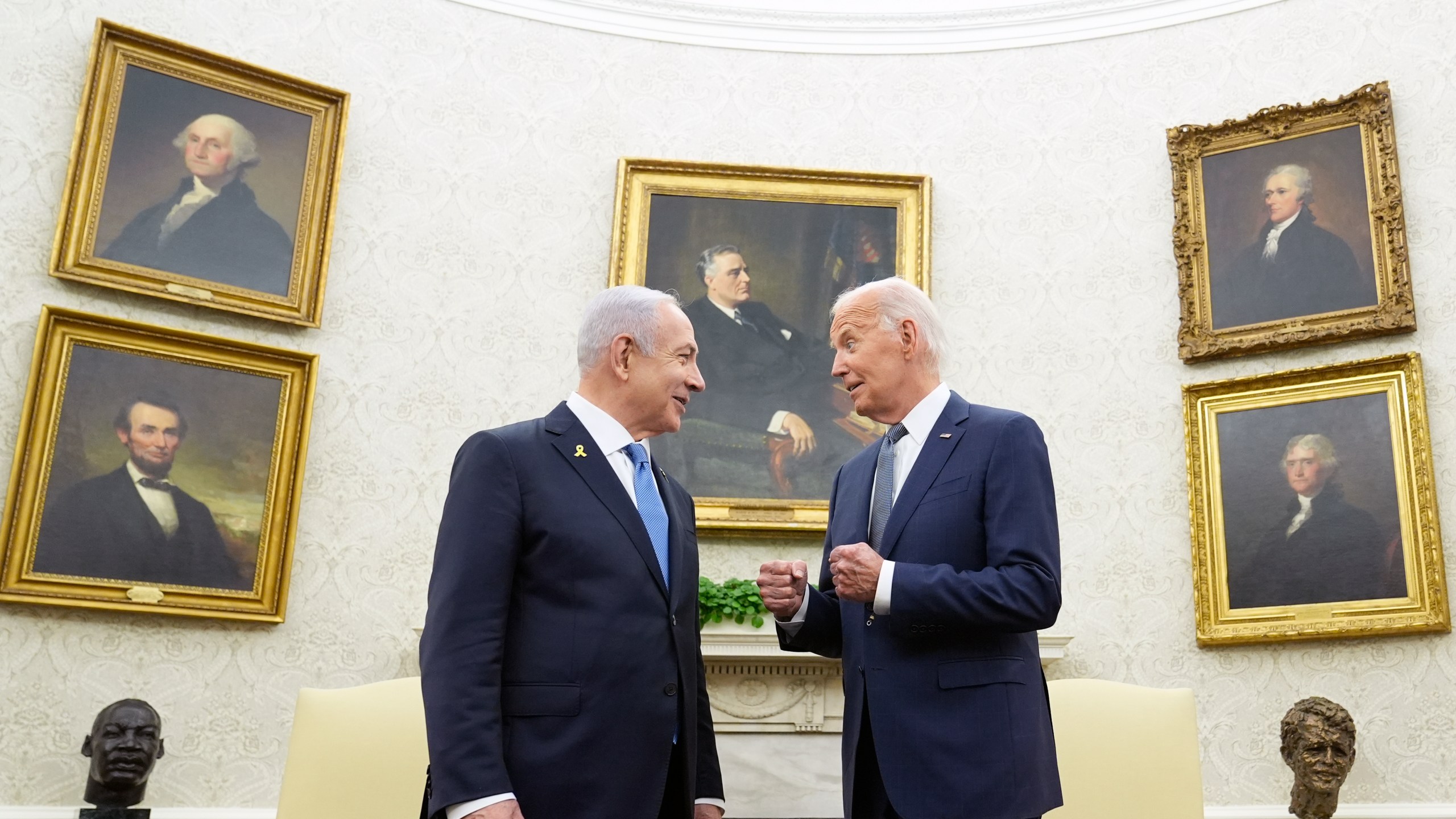 FILE - President Joe Biden, right, talks with Israeli Prime Minister Benjamin Netanyahu, left, in the Oval Office of the White House in Washington, July 25, 2024. U.S. officials say the Biden administration believes it has won assurances from Israel that it will not strike Iranian nuclear or oil sites as it looks to strike back following Iran’s missile barrage earlier this month. The officials, who spoke on condition of anonymity to discuss private diplomatic discussions, cautioned that the pledge is not iron-clad and that circumstances could change. (AP Photo/Susan Walsh, File)