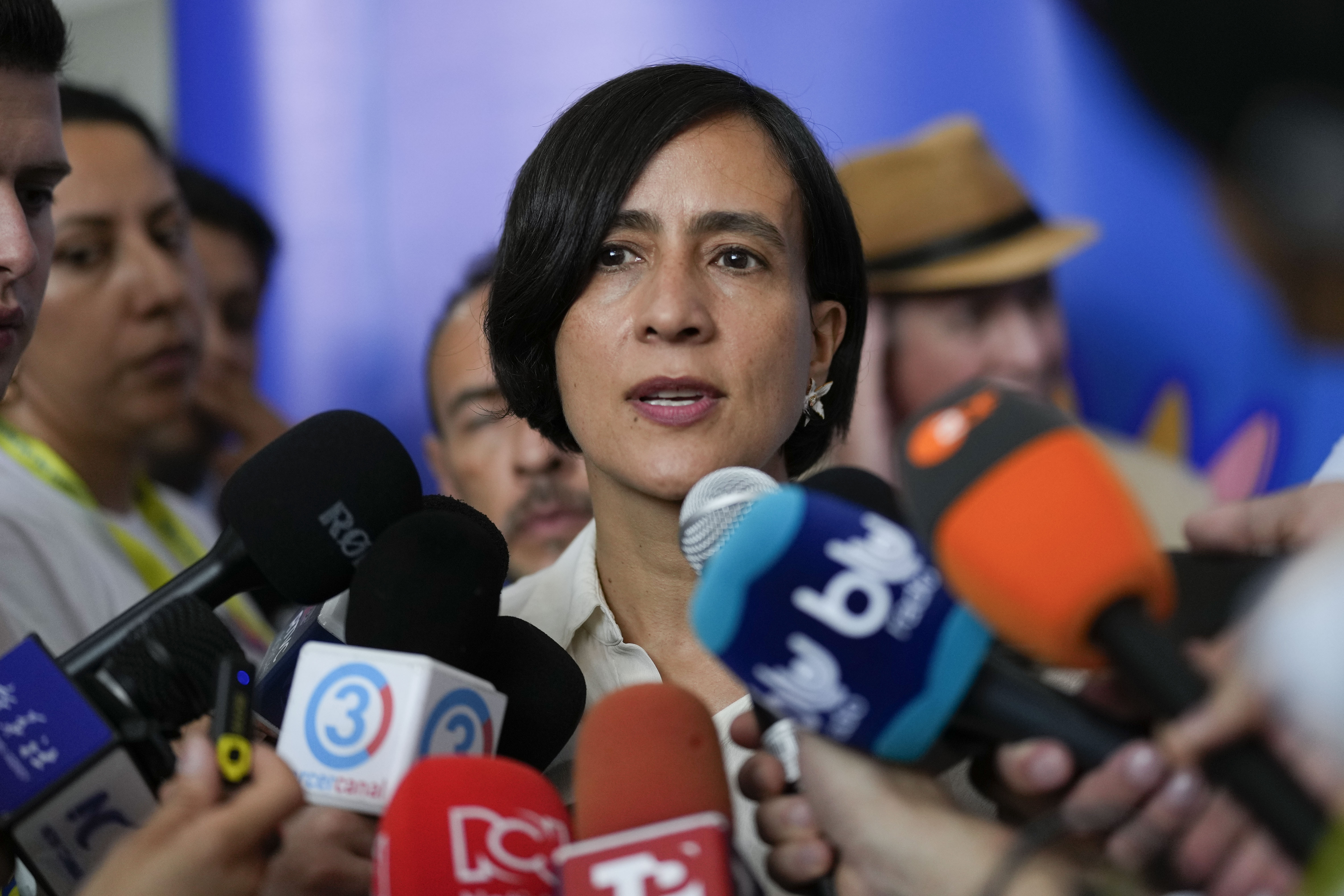 Colombia's Minister of Environment Susana Muhamad talks to the press before the opening ceremony of COP16, a United Nations' biodiversity conference, in Cali, Colombia, Sunday, Oct. 20, 2024. (AP Photo/Fernando Vergara)