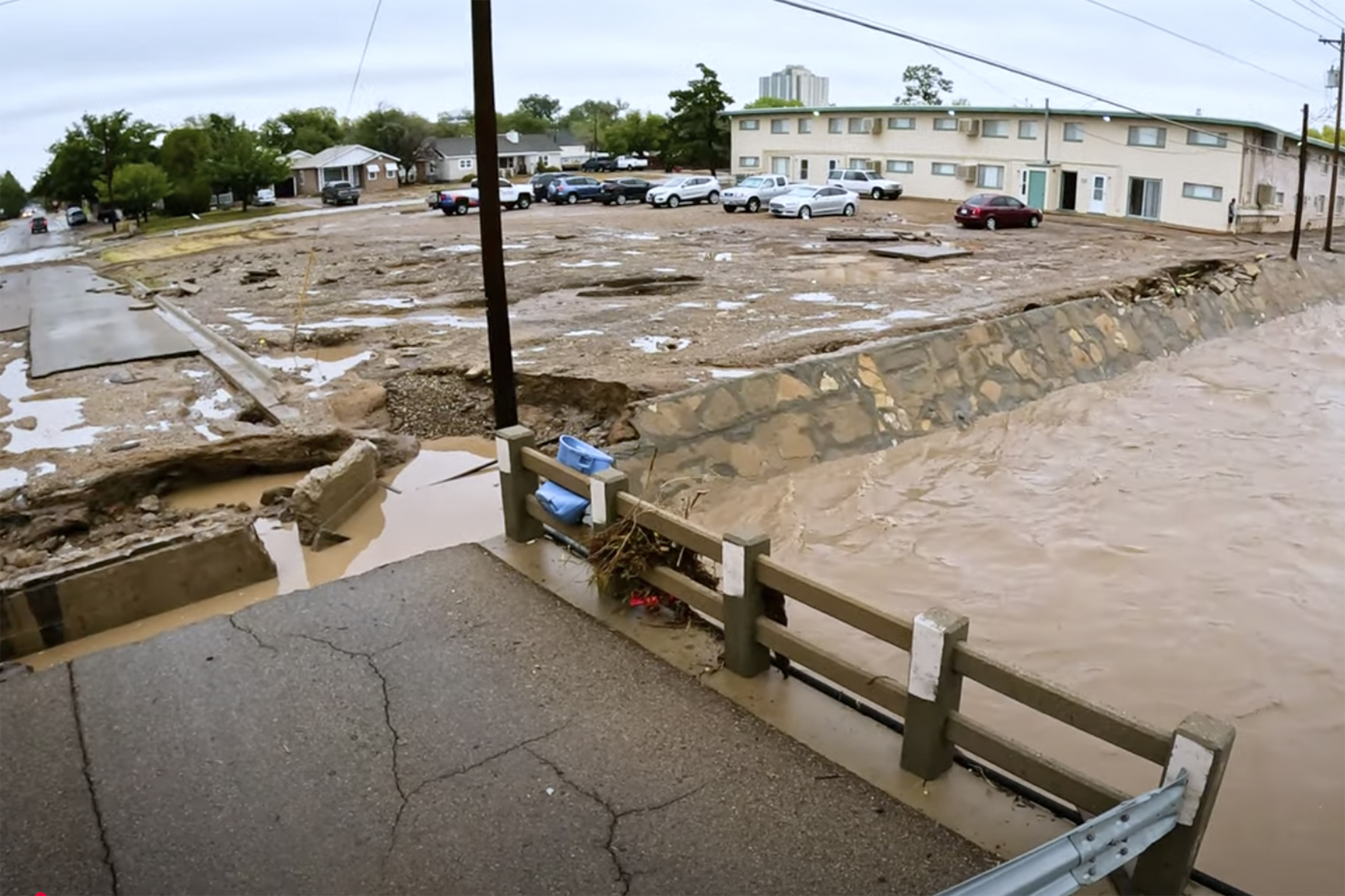 In this image taken from video, debris and damage and are seen from severe flooding in Roswell, N.M., Sunday, Oct. 20, 2024. (Juliana Halvorson via AP)