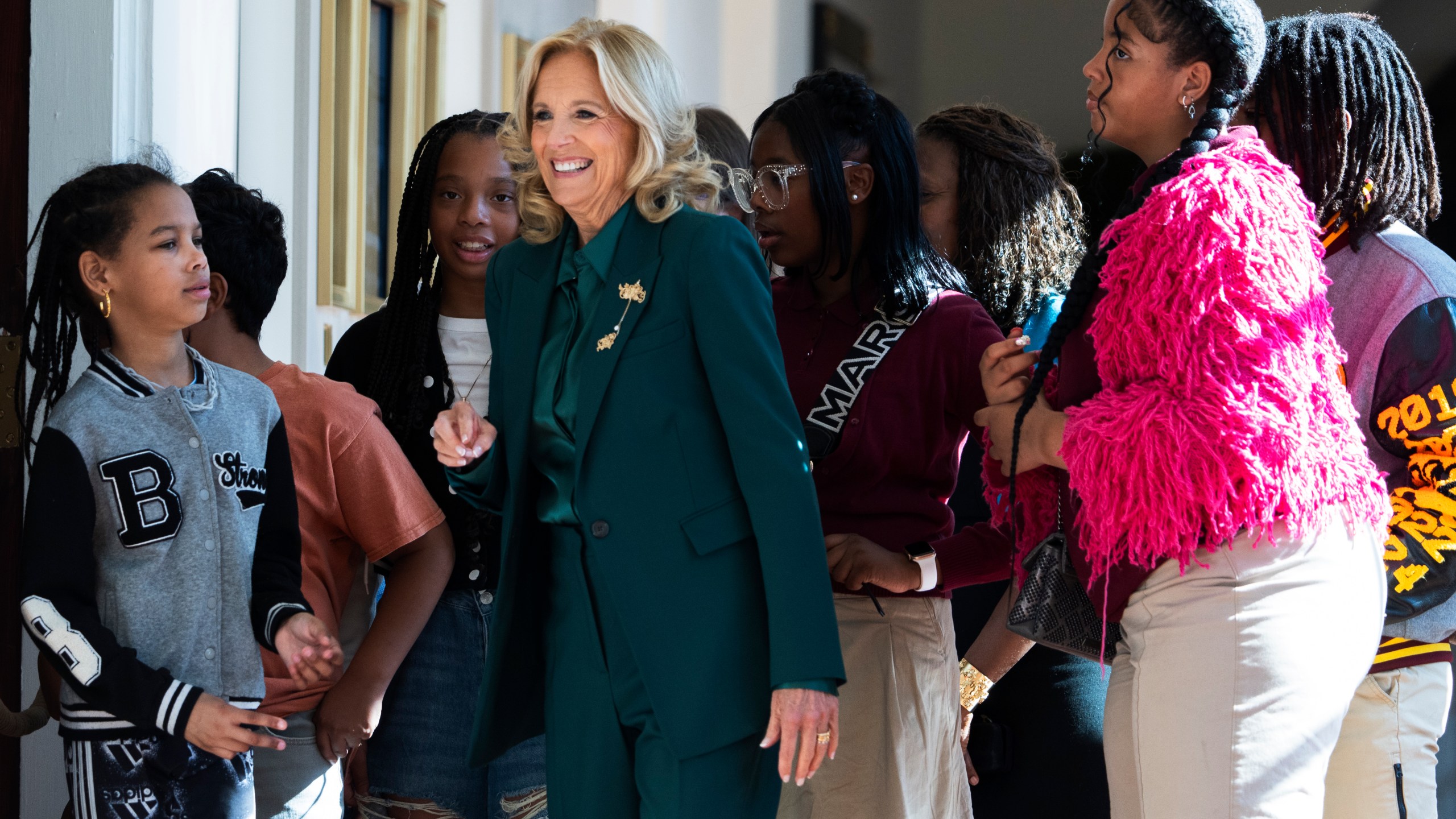 First lady Jill Biden gives students a tour of the White House on the day of the unveiling of the new enhanced White House public tour, Monday, Oct. 21, 2024, in Washington. (AP Photo/Manuel Balce Ceneta)