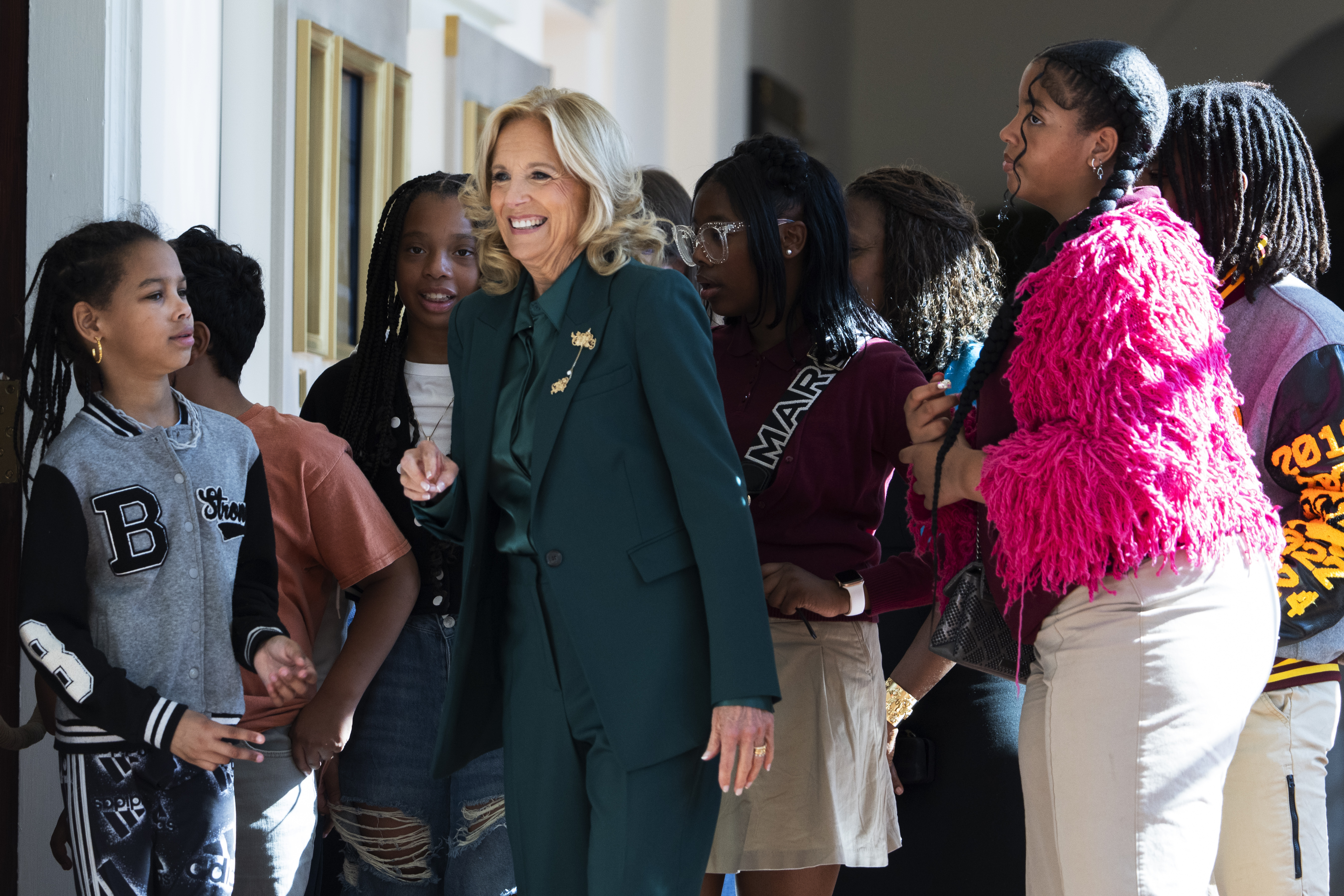 First lady Jill Biden gives students a tour of the White House on the day of the unveiling of the new enhanced White House public tour, Monday, Oct. 21, 2024, in Washington. (AP Photo/Manuel Balce Ceneta)