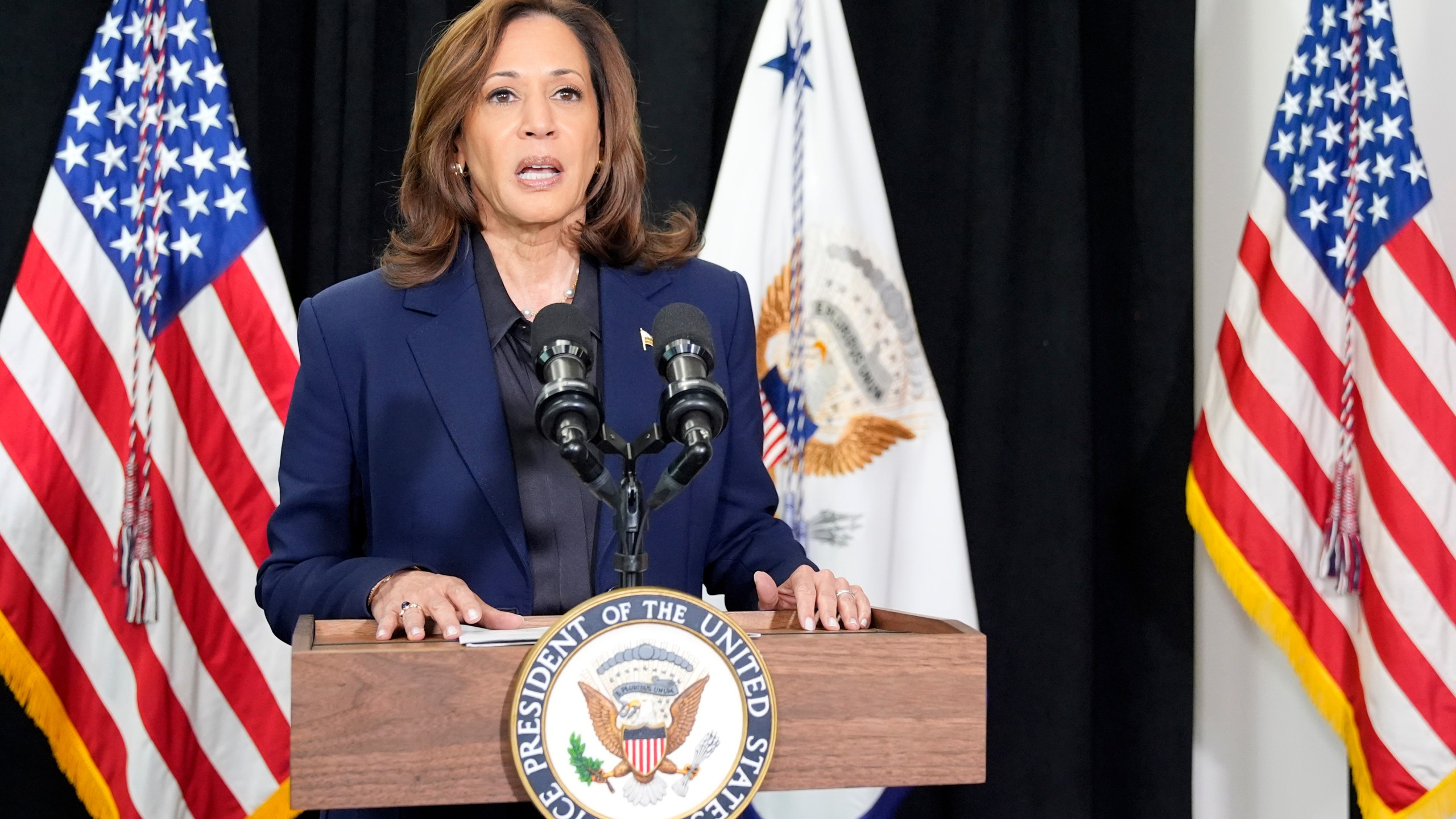 Democratic presidential nominee Vice President Kamala Harris speaks about the killing of Hamas' top leader Yahya Sinwar in a battle with Israeli forces in Gaza, Thursday, Oct. 17, 2024, following a campaign rally at the University of Wisconsin Milwaukee. (AP Photo/Jacquelyn Martin)