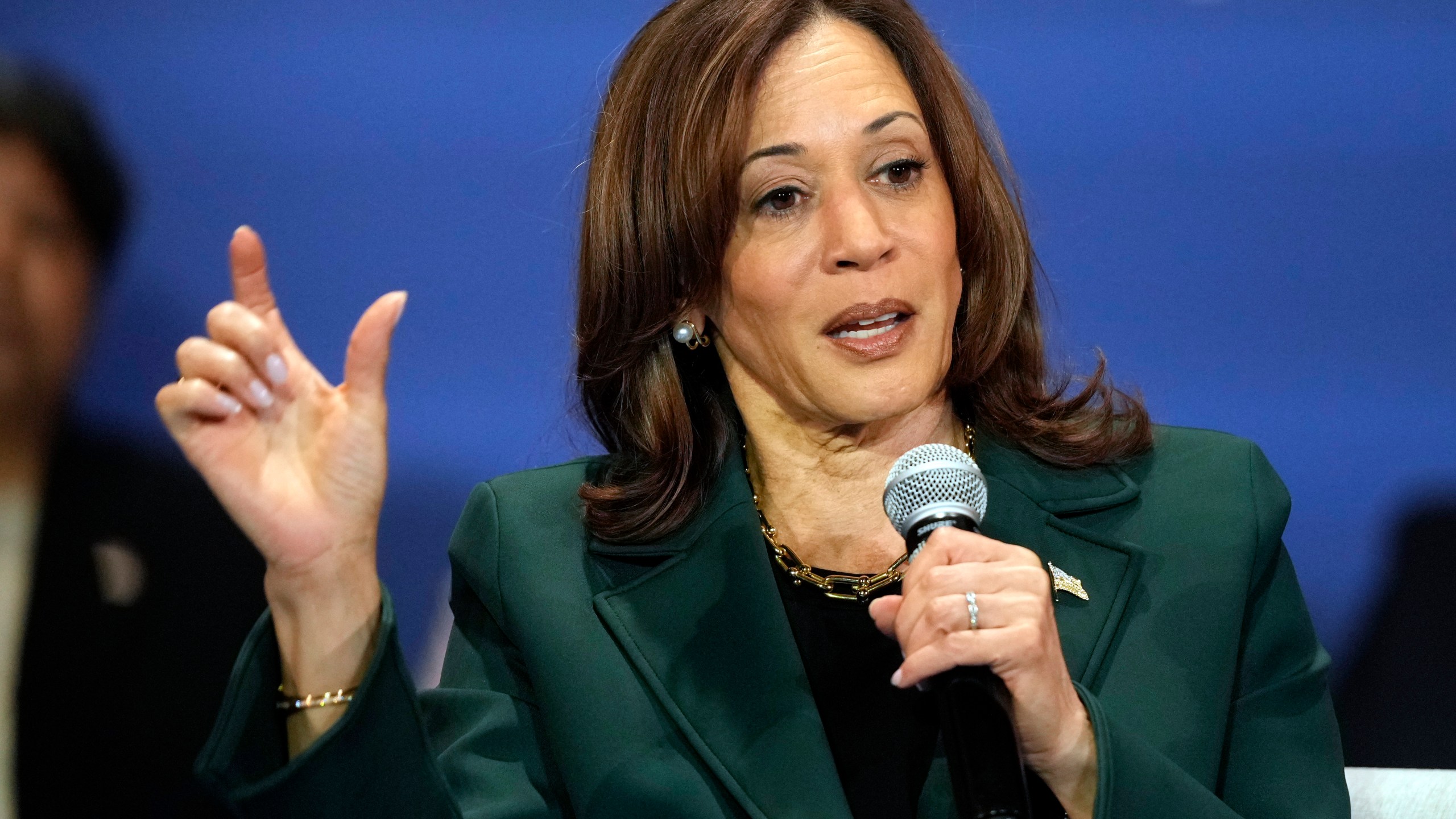 Democratic presidential nominee Vice President Kamala Harris and former Rep. Liz Cheney, R-Wyo., attend a campaign event Monday, Oct. 21, 2024, in Brookfield, Wis. (AP Photo/Morry Gash)