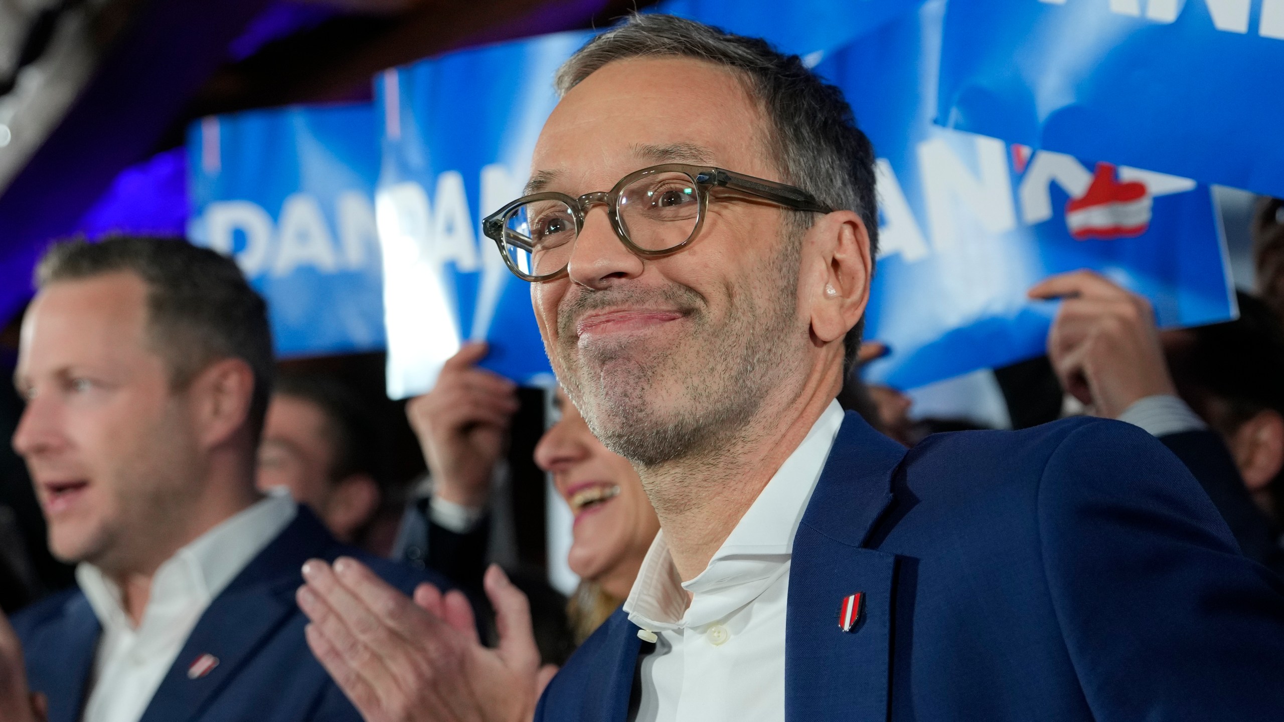 Herbert Kickl, leader of the Freedom Party of Austria celebrates with supporters, in Vienna, Austria, Sunday, Sept. 29, 2024, after polls closed in the country's national election. (AP Photo/Andreea Alexandru)