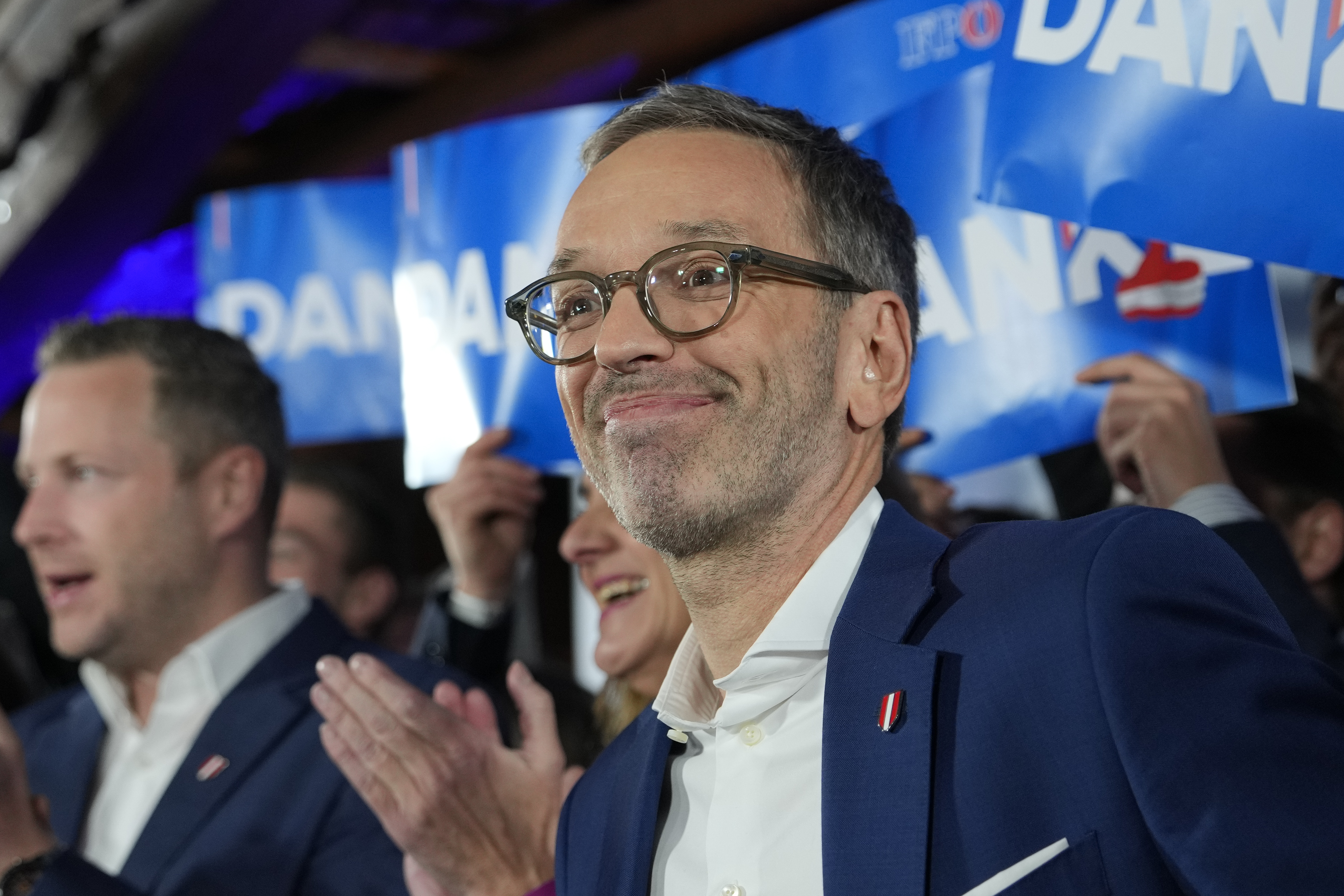 Herbert Kickl, leader of the Freedom Party of Austria celebrates with supporters, in Vienna, Austria, Sunday, Sept. 29, 2024, after polls closed in the country's national election. (AP Photo/Andreea Alexandru)