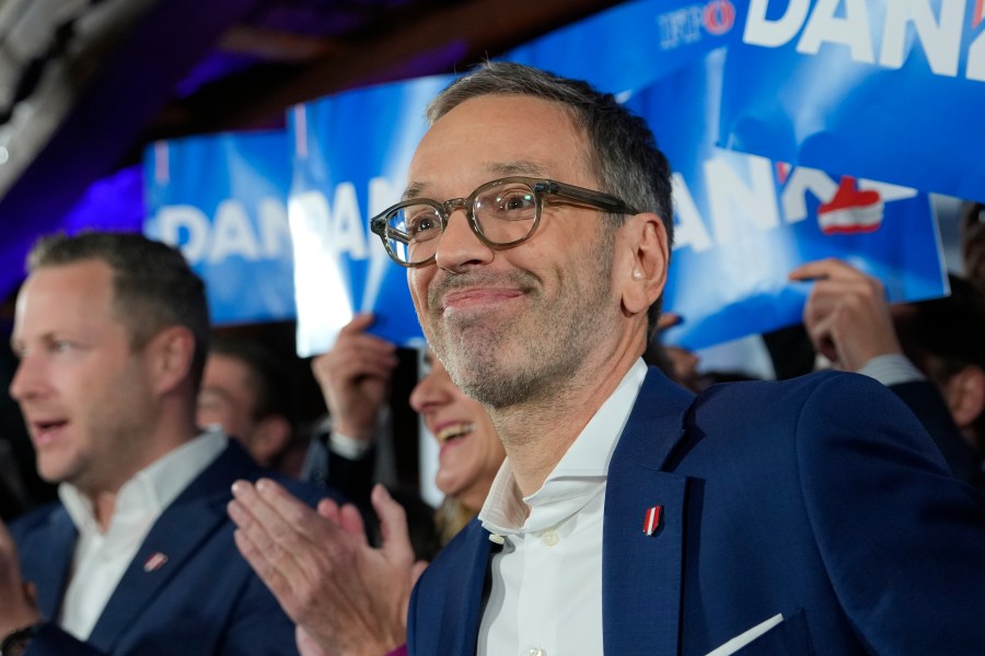 Herbert Kickl, leader of the Freedom Party of Austria celebrates with supporters, in Vienna, Austria, Sunday, Sept. 29, 2024, after polls closed in the country's national election. (AP Photo/Andreea Alexandru)