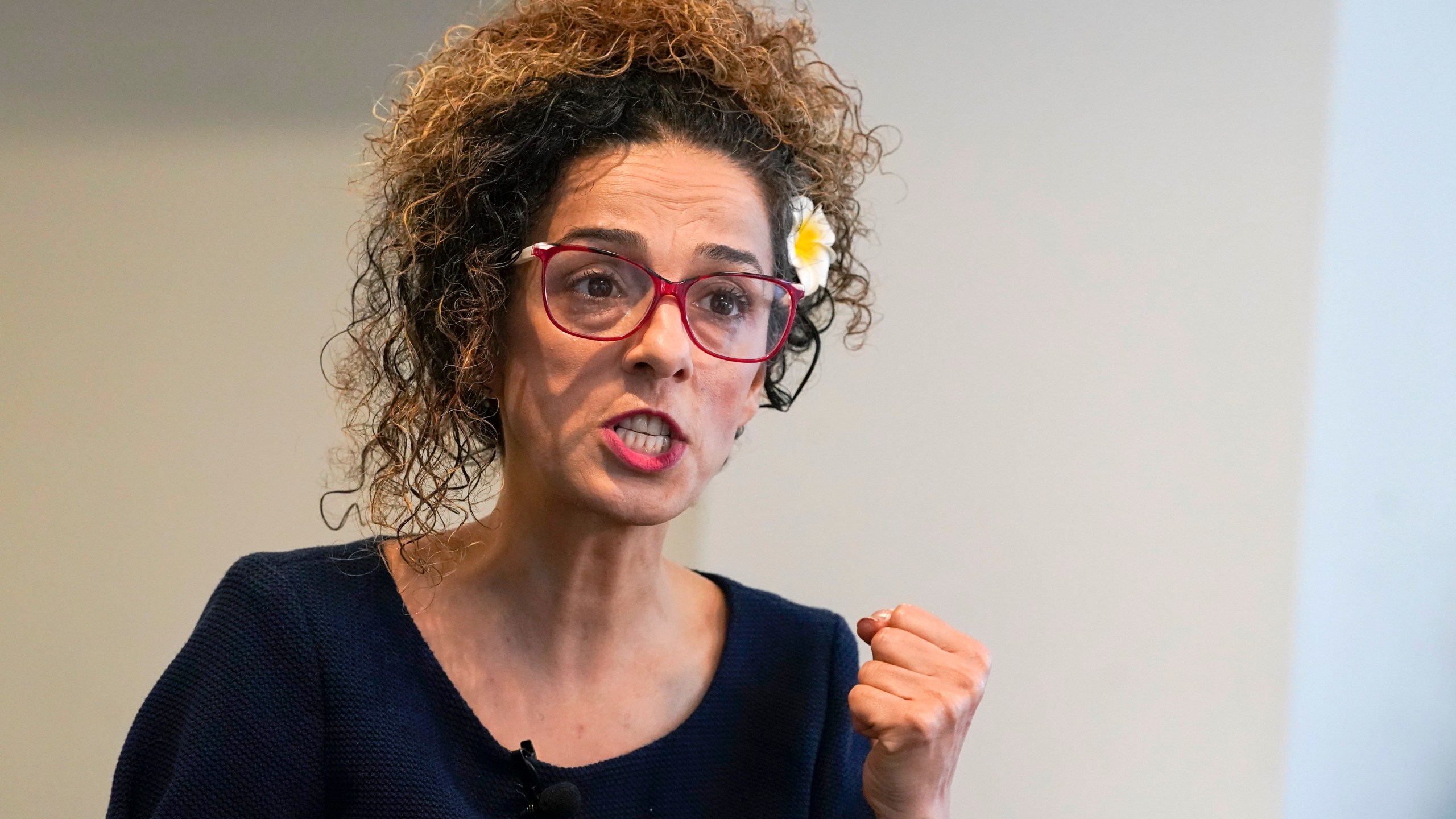 FILE - Iranian dissident Masih Alinejad answers questions during an interview with The Associated Press, Friday, Sept. 23, 2022, in New York. (AP Photo/Mary Altaffer, File)