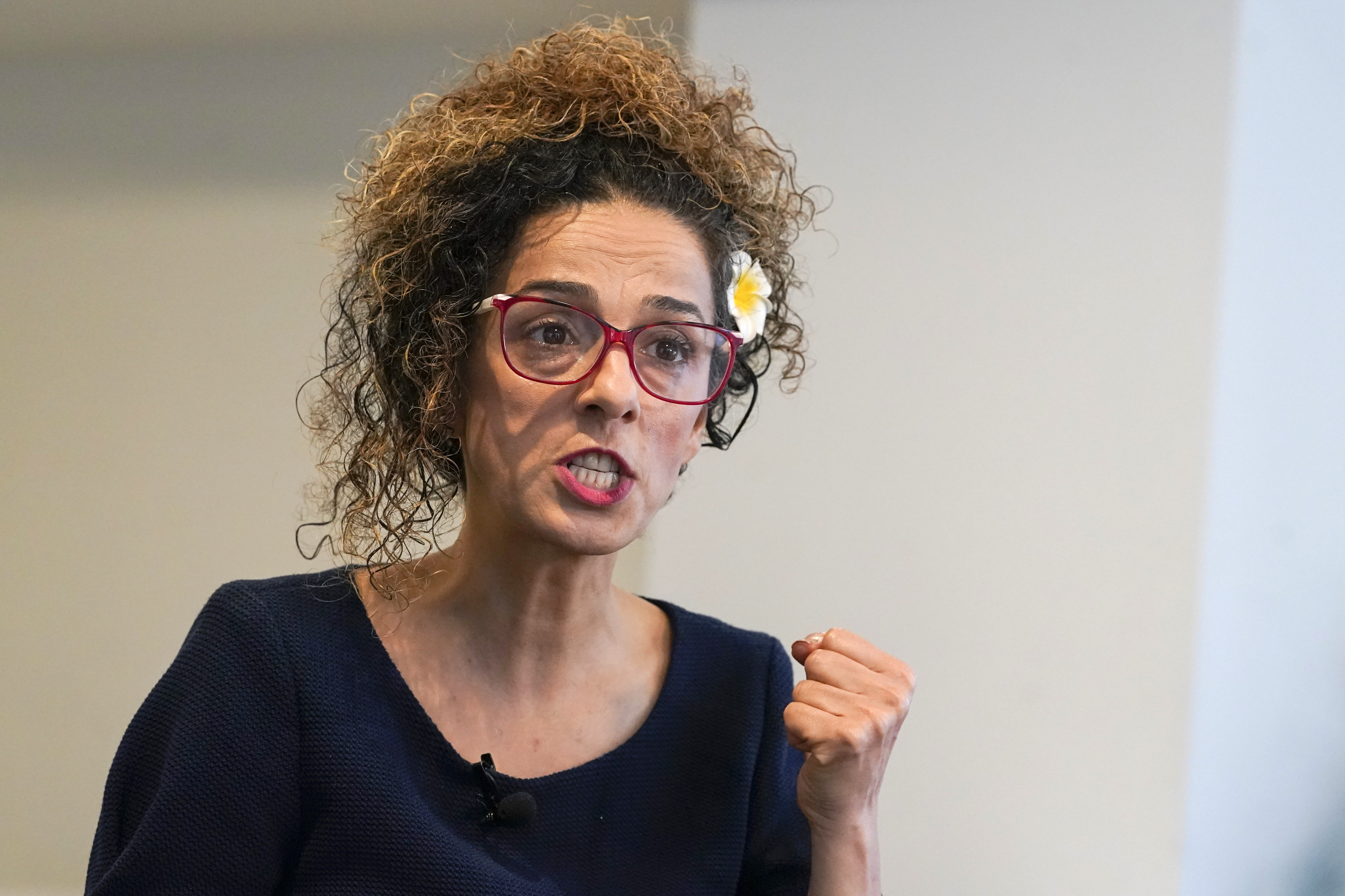 FILE - Iranian dissident Masih Alinejad answers questions during an interview with The Associated Press, Friday, Sept. 23, 2022, in New York. (AP Photo/Mary Altaffer, File)