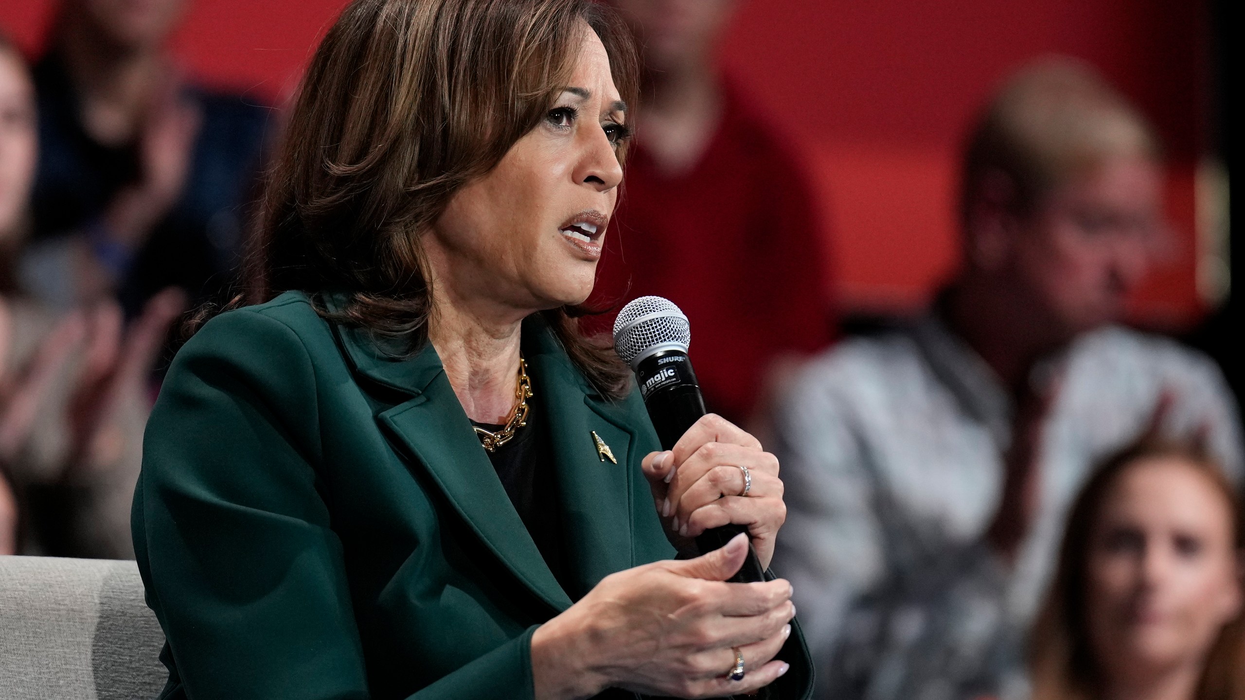 President Kamala Harris speaks during a town hall at Sharon Lynne Wilson Center for the Arts in Brookfield, Wisc., Monday, Oct. 21, 2024. (AP Photo/Jacquelyn Martin)