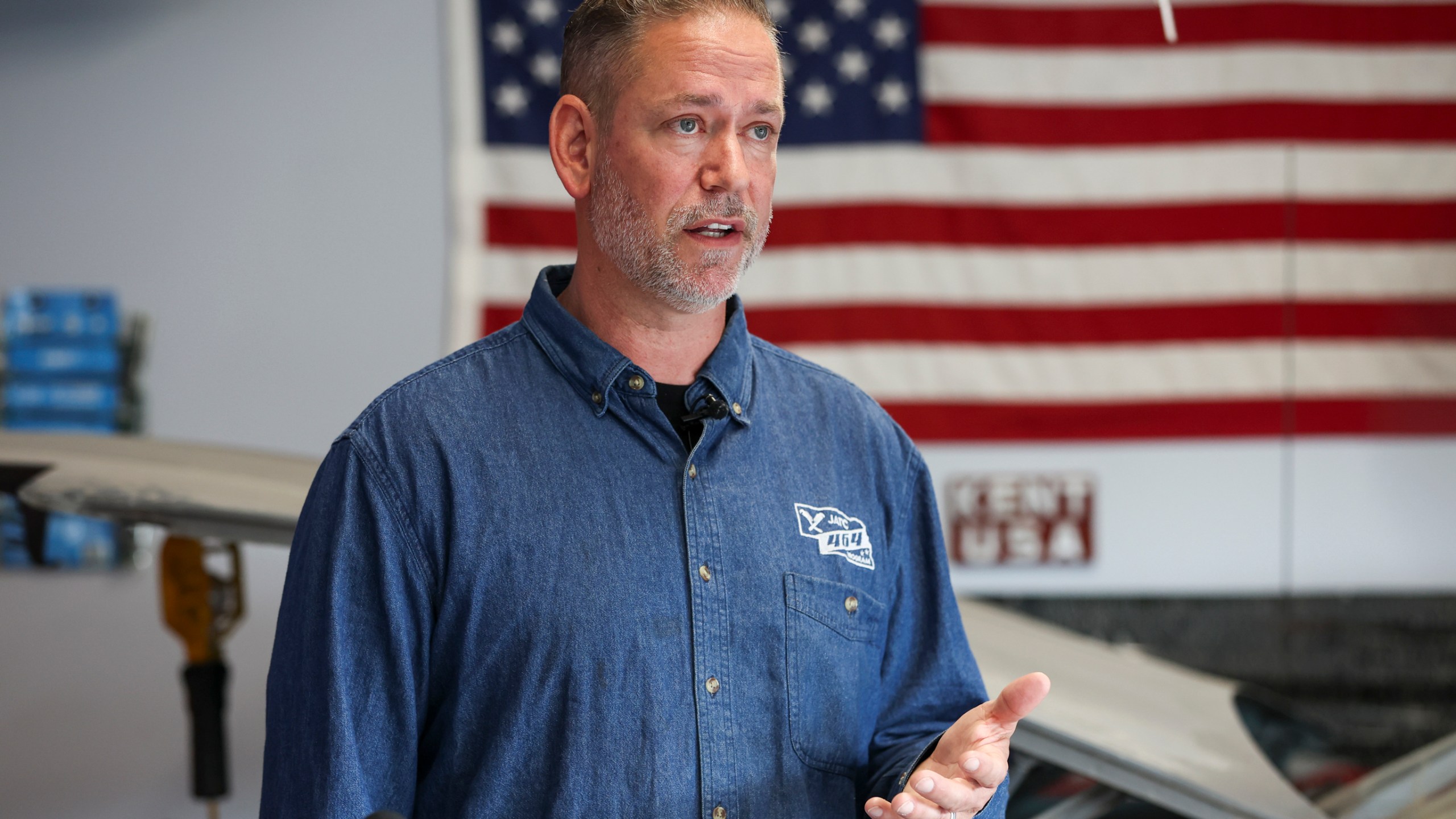 FILE - Dan Osborn, Independent candidate for U.S. Senate, speaks during a news conference, May 15, 2024, at his Omaha, Neb. home. (Nikos Frazier/Omaha World-Herald via AP, File)