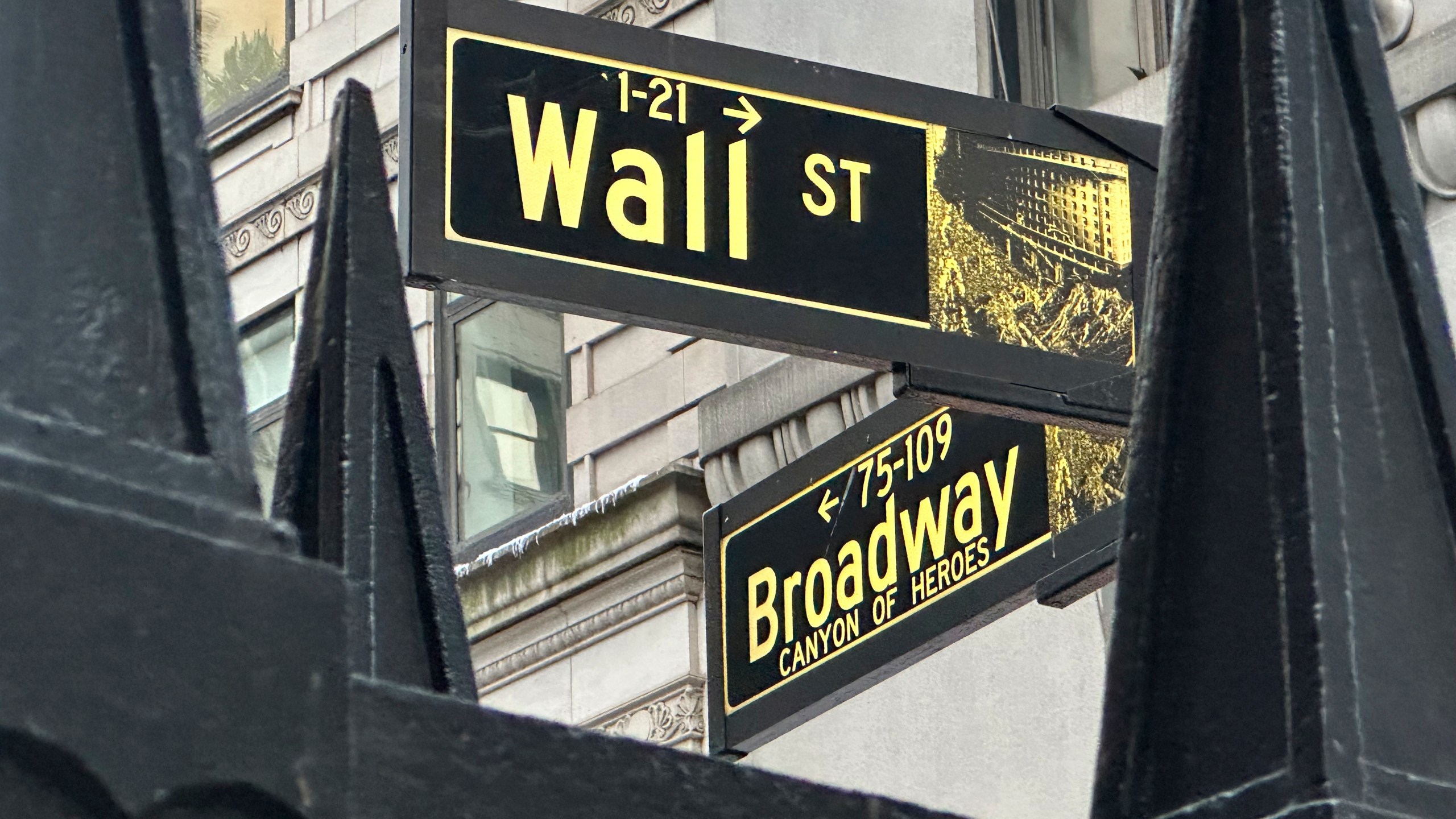 A sign marking the intersection of Wall Street and Broadway in New York's Financial District is shown on Wednesday, Oct. 30, 2024. (AP Photo/Peter Morgan)