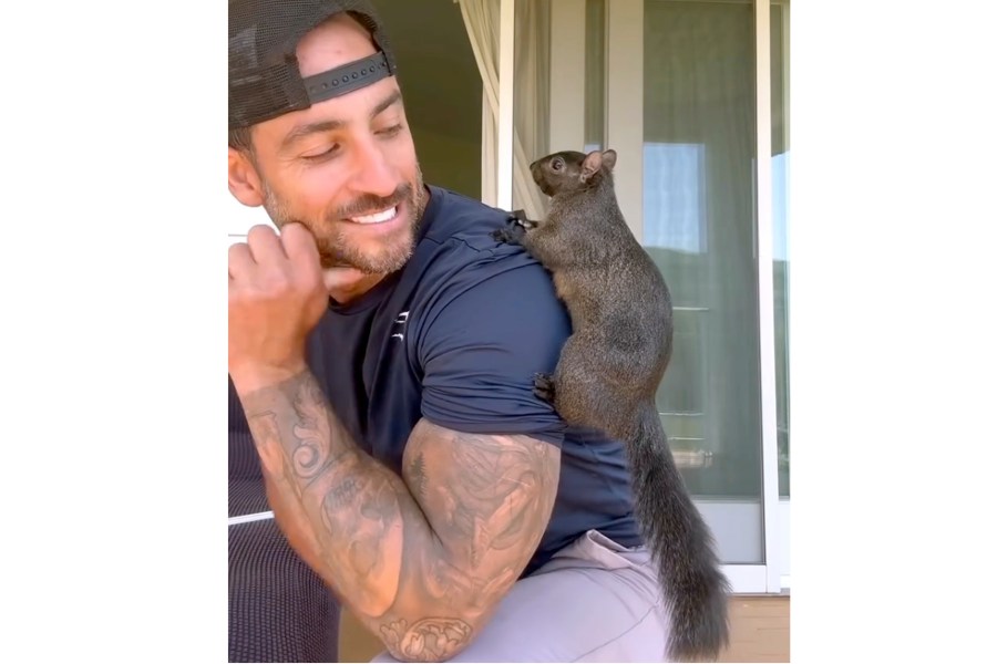 This undated image provided by Mark Longo shows him with his pet squirrel Peanut that was seized by officers from the state Department of Environmental Conservation, at Longo's home in rural Pine City, N.Y., Wednesday, Oct. 30, 2024. (Courtesy Mark Longo via AP)