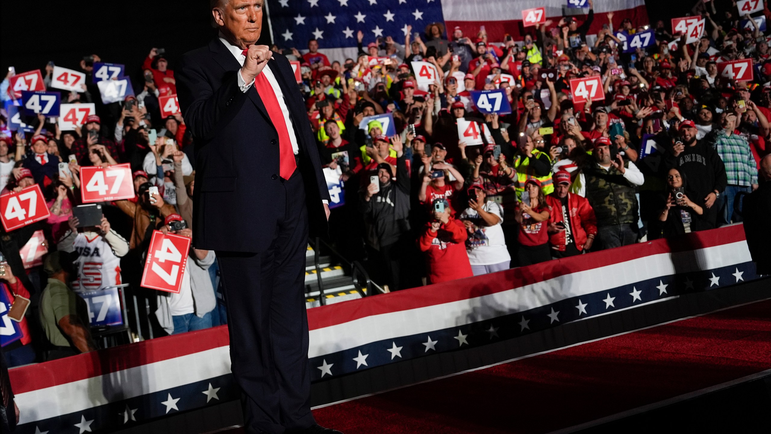 Republican presidential nominee former President Donald Trump arrives at a campaign rally at Macomb Community College, Friday, Nov. 1, 2024, in Warren, Mich. (AP Photo/Julia Demaree Nikhinson)