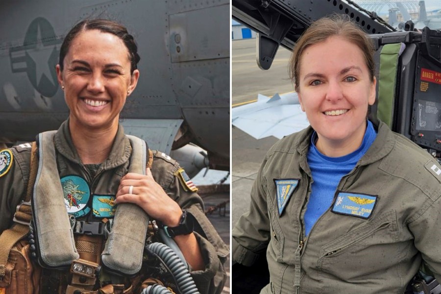 This combination of undated photos released by the U.S. Navy shows left to right; Lt. Serena Wileman, a Naval Aviator, and Lt. Commander Lyndsay Evans, a Naval Flight Officer. (U.S. Navy via AP)