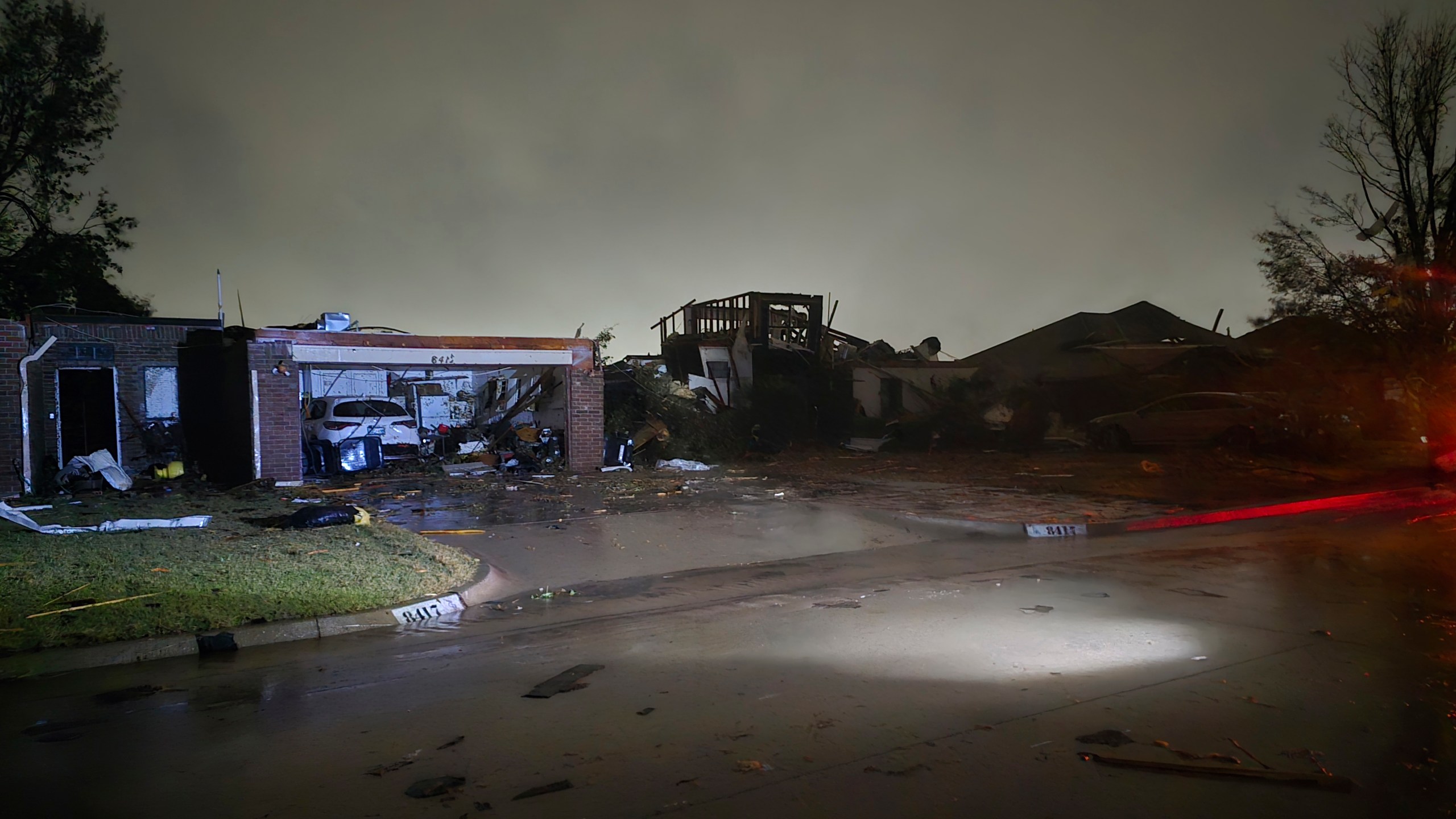 This image provided by Sean Taylor shows a damaged home after a tornado hit the area in Midwest City, Okla,, Sunday, Nov. 3, 2024. (Sean Taylor via AP)