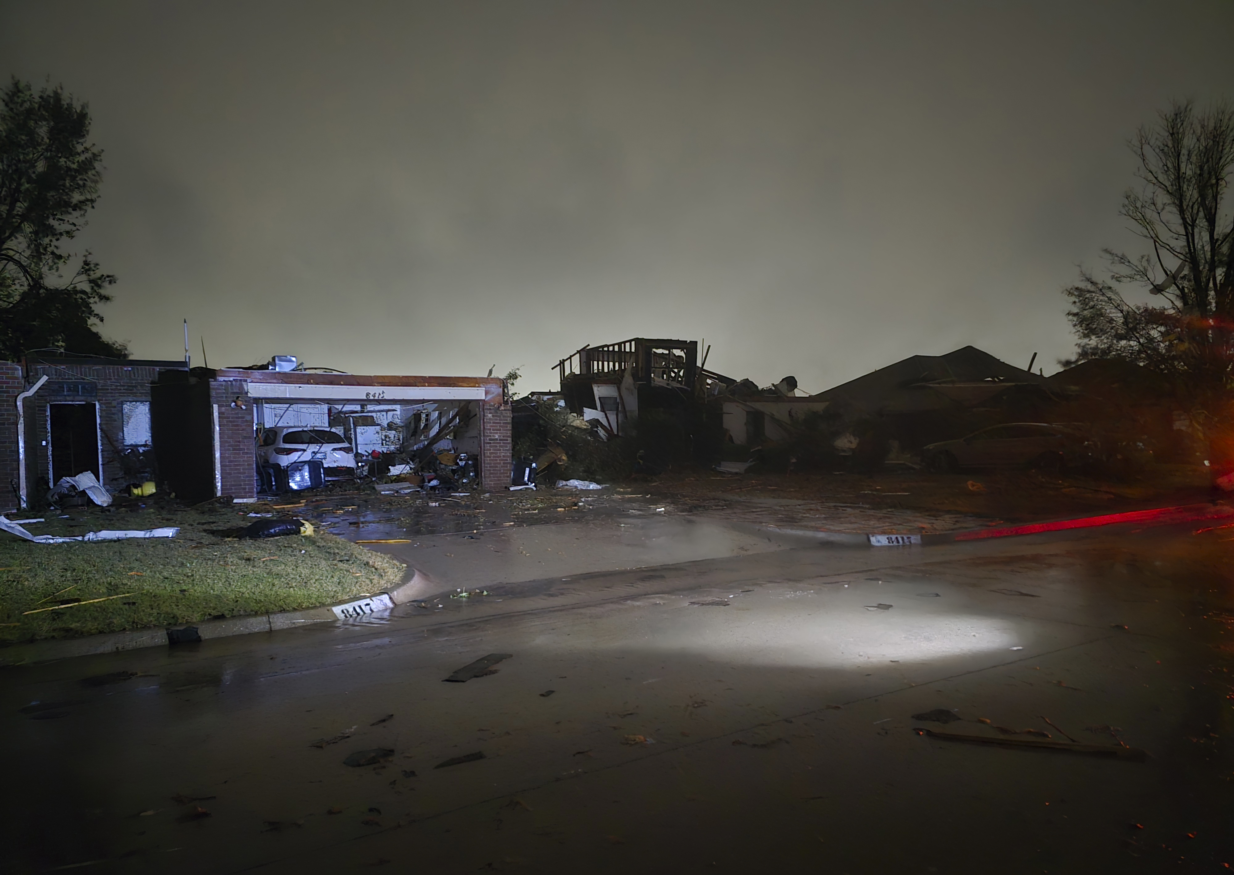 This image provided by Sean Taylor shows a damaged home after a tornado hit the area in Midwest City, Okla,, Sunday, Nov. 3, 2024. (Sean Taylor via AP)