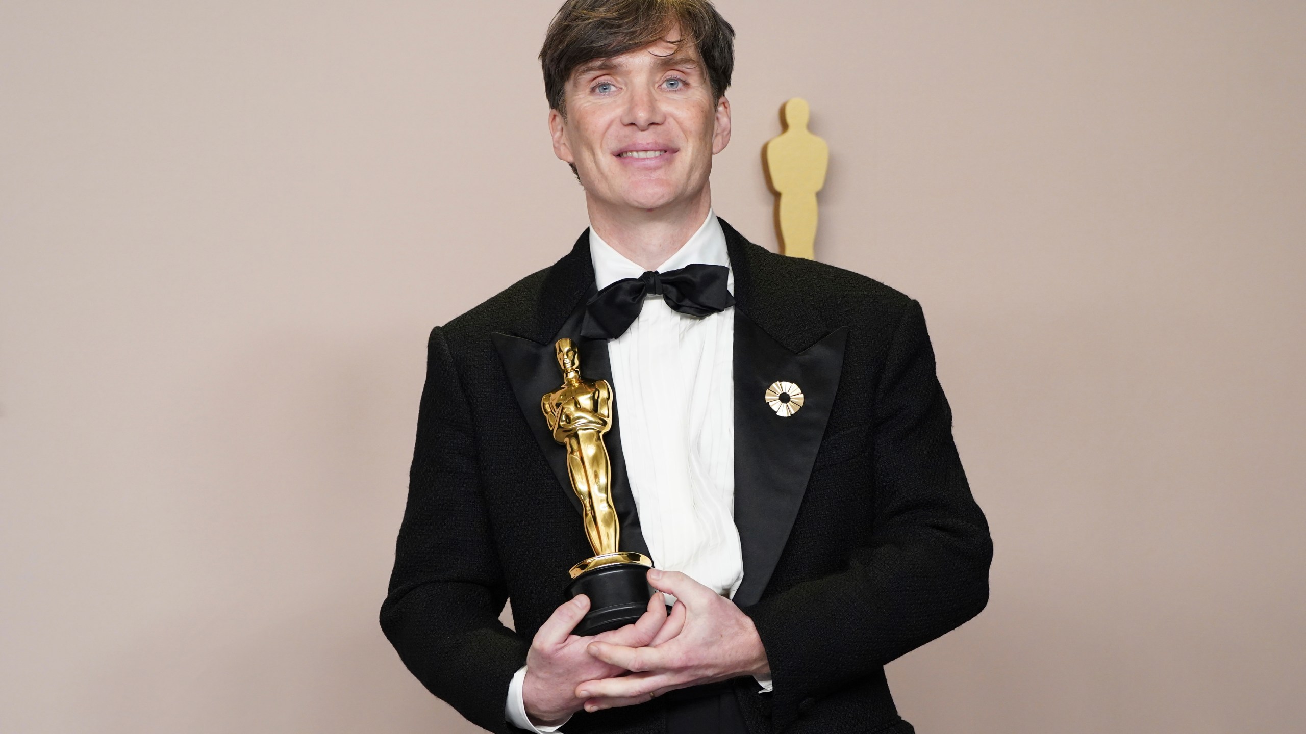 FILE - Cillian Murphy poses in the press room with the award for best performance by an actor in a leading role for "Oppenheimer" at the Oscars in Los Angeles on March 10, 2024. (Photo by Jordan Strauss/Invision/AP, File)