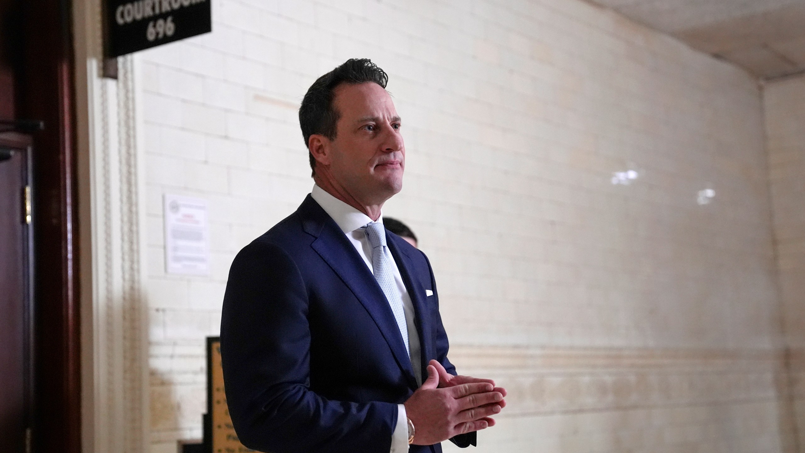 America PAC lawyer Chris Gober speaks with members of the media ahead of a hearing at a City Hall courtroom in Philadelphia, Monday, Nov. 4, 2024. (AP Photo/Matt Rourke)