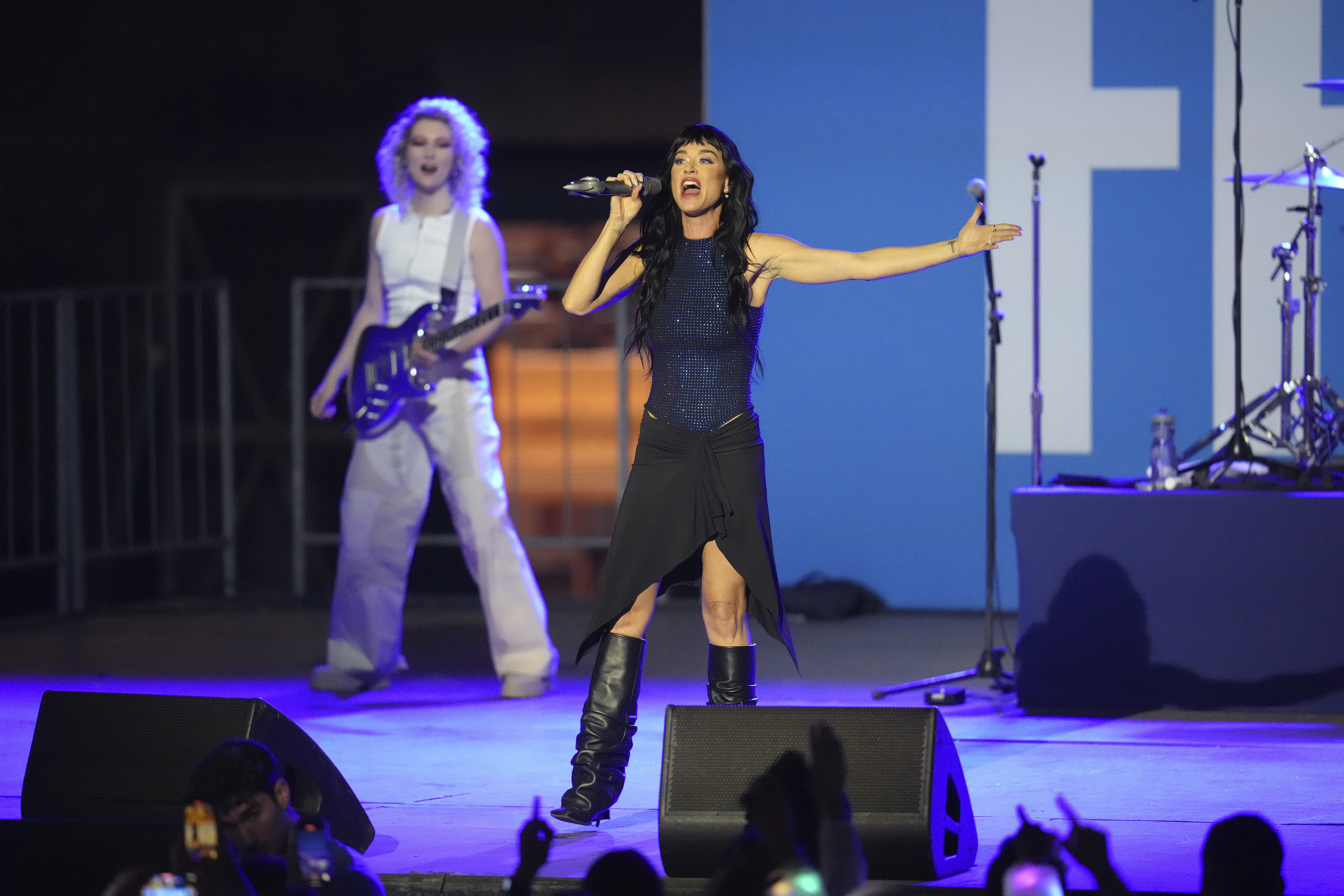 Katy Perry performs during a campaign rally for Democratic presidential nominee Vice President Kamala Harris at Carrie Blast Furnaces in Pittsburgh, Monday, Nov. 4, 2024. (AP Photo/Gene J. Puskar)