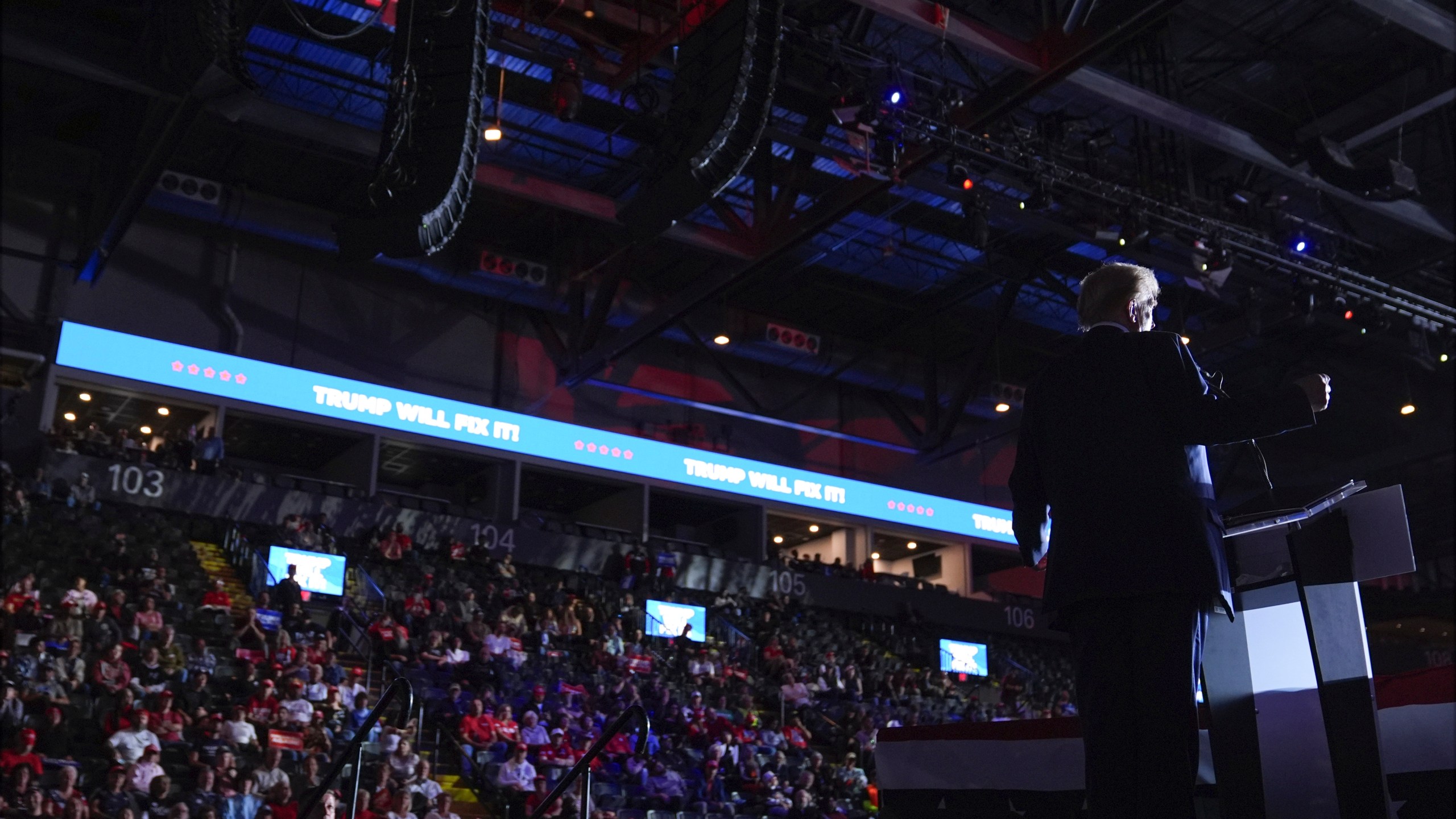 Republican presidential nominee former President Donald Trump speaks during a campaign rally at Santander Arena, Monday, Nov. 4, 2024, in Reading, Pa. (AP Photo/Evan Vucci)