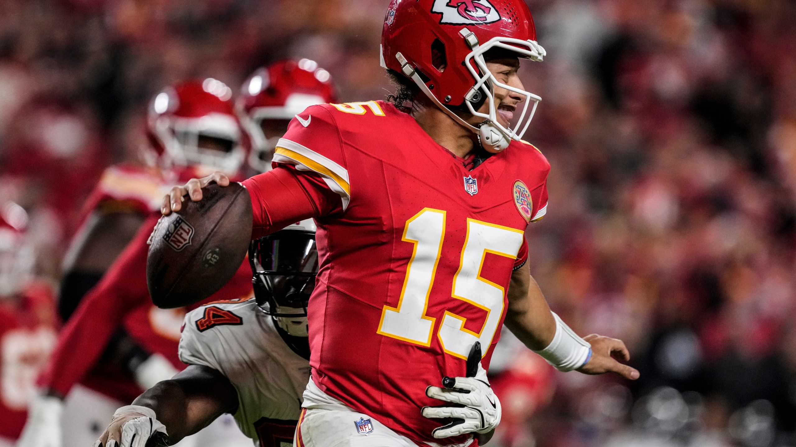 Tampa Bay Buccaneers defensive tackle Calijah Kancey (94) sacks Kansas City Chiefs quarterback Patrick Mahomes (15) during the second half of an NFL football game, Monday, Nov. 4, 2024, in Kansas City, Mo. (AP Photo/Ed Zurga)