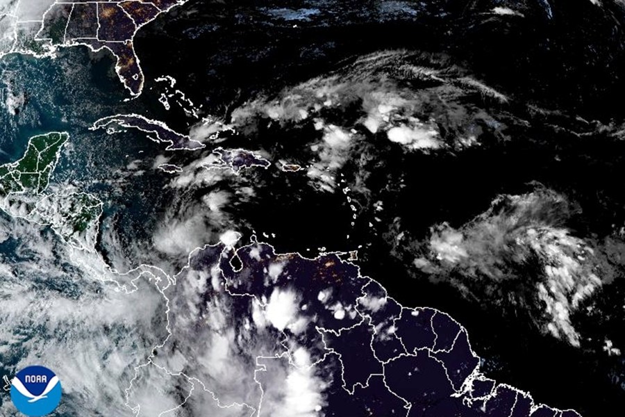 This satellite image provided by NOAA shows weather systems Sunday, Nov. 3, 2024. (NOAA via AP)