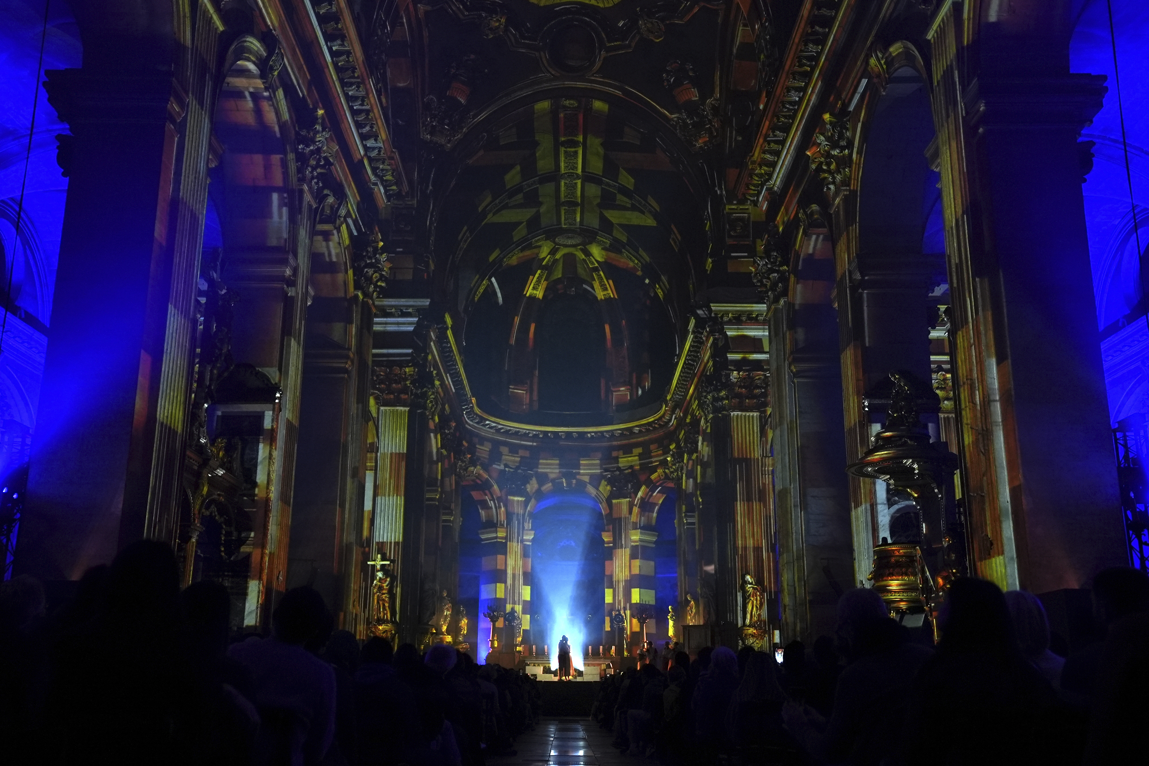 Video projections are seen Thursday Oct.31, 2024 at the Saint-Sulpice church in Paris. (AP Photo/Marine Lesprit)