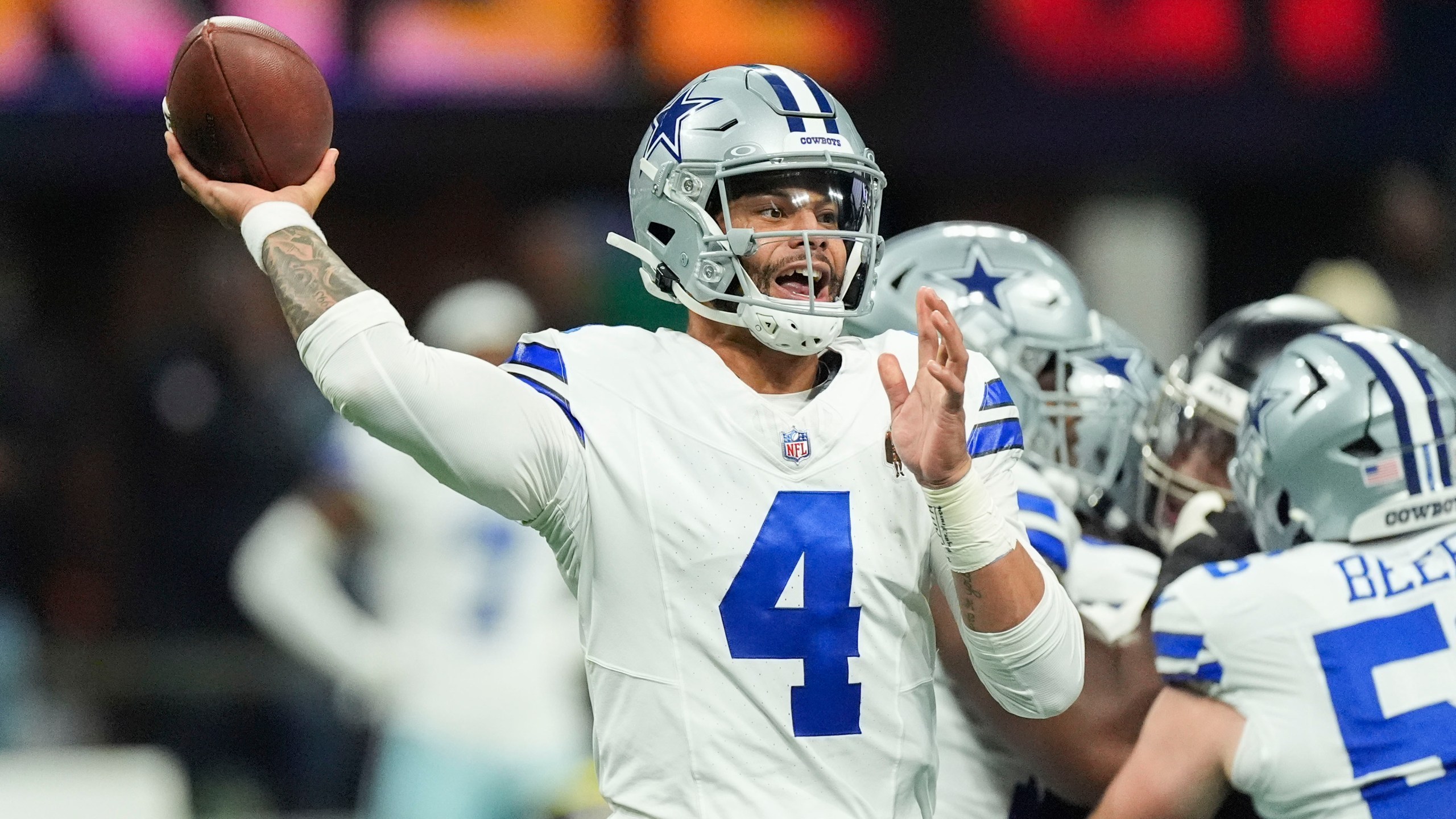 Dallas Cowboys quarterback Dak Prescott (4) passes during the first half of an NFL football game against the Atlanta Falcons, Sunday, Nov. 3, 2024, in Atlanta. (AP Photo/ John Bazemore)