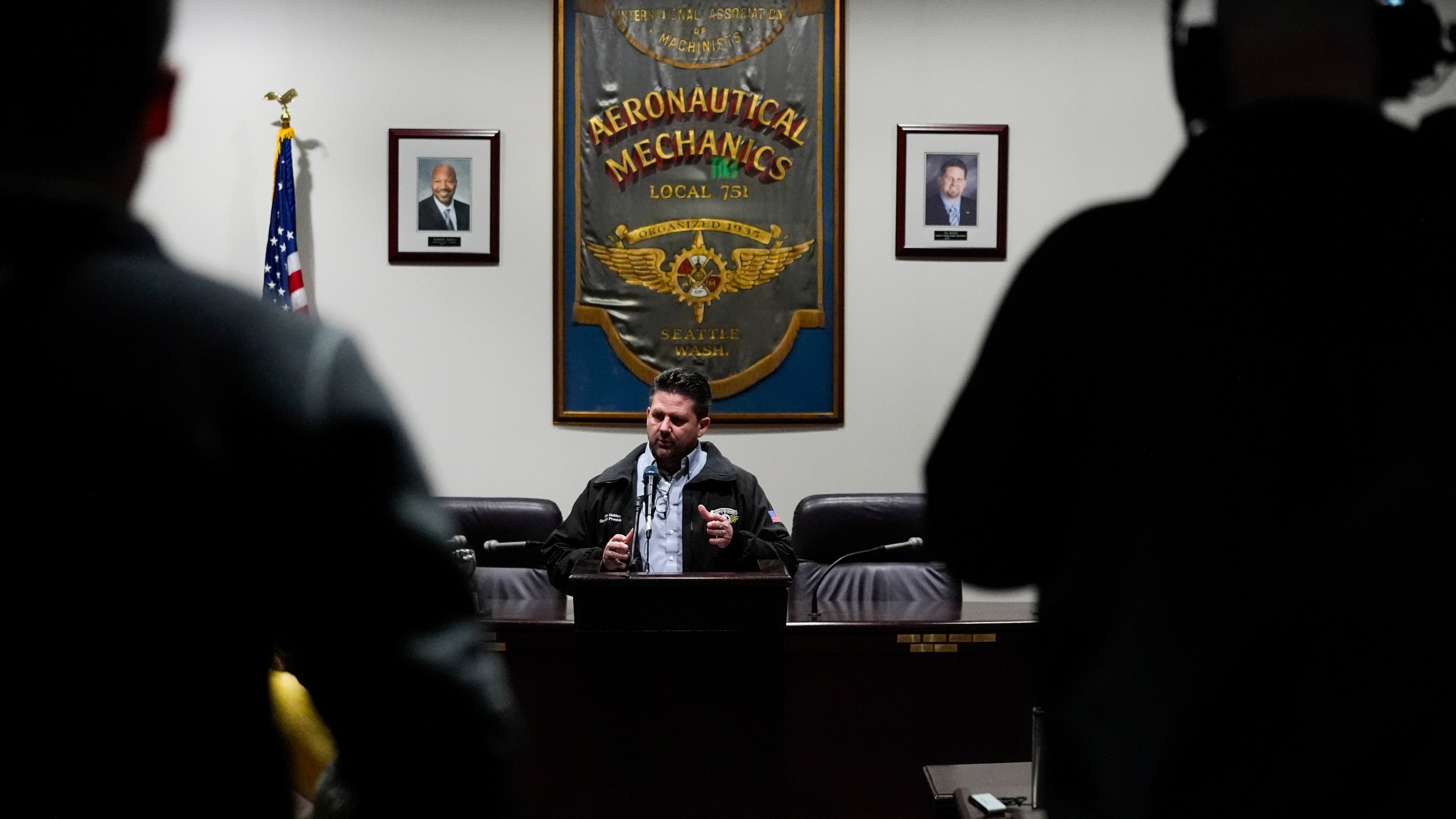 IAM District 751 president Jon Holden gives a press conference after announcing the union voted to accept a new contract offer from Boeing, Monday, Nov. 4, 2024, at their union hall in Seattle. (AP Photo/Lindsey Wasson)