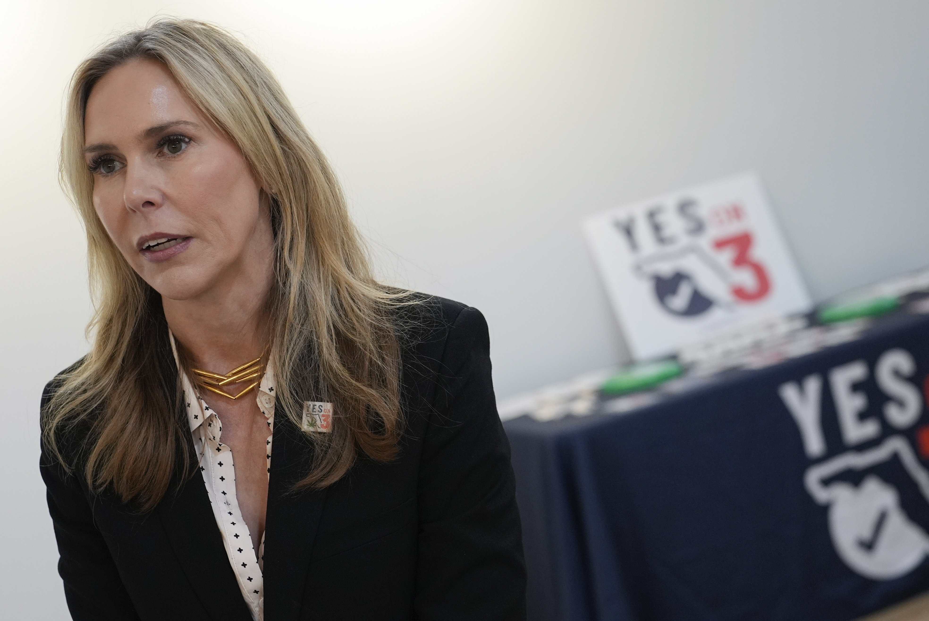 Trulieve CEO Kim Rivers speaks at an event in support of Amendment 3, a ballot initiative which would legalize the recreational use of pot in Florida for adults 21 years old and older, Wednesday, Oct. 23, 2024, at a Trulieve medical cannabis dispensary in Hallendale Beach, Fla. (AP Photo/Rebecca Blackwell)