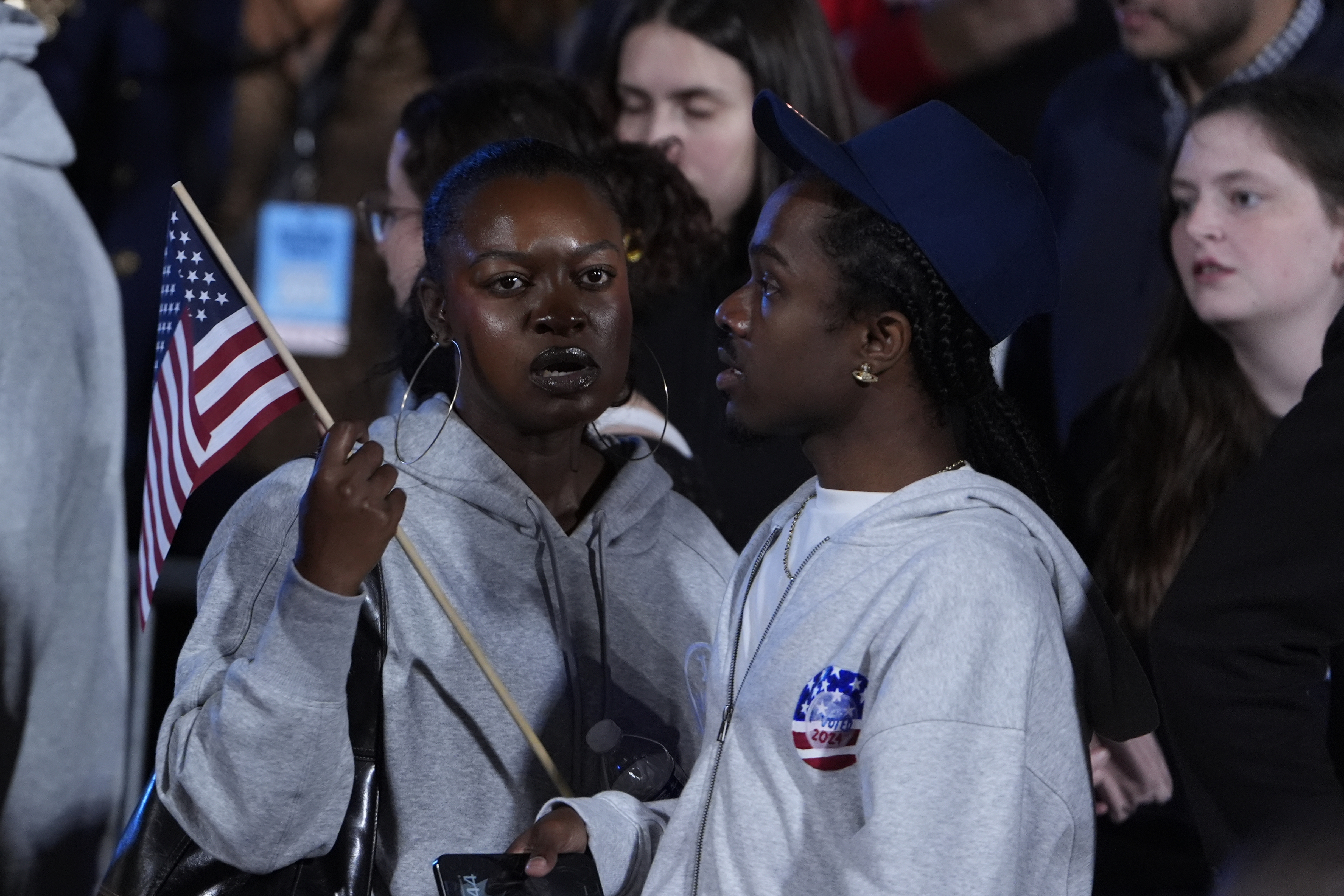 Supporters of Democratic presidential nominee Vice President Kamala Harris leave an election night campaign watch party after it was announced that she would not speak on Wednesday, Nov. 6, 2024, on the campus of Howard University in Washington. (AP Photo/J. Scott Applewhite)