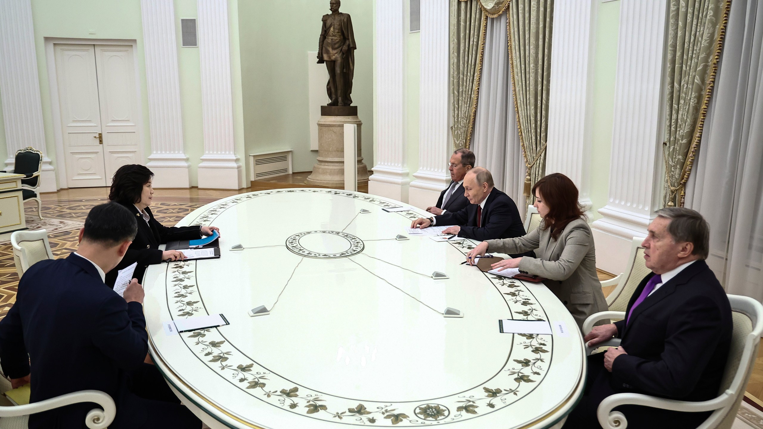 Russian President Vladimir Putin, third right, and North Korean Foreign Minister Choe Son Hui, second left, attend talks at the Kremlin in Moscow, Russia, Monday, Nov. 4, 2024. (Mikhail Tereshchenko, Sputnik, Kremlin Pool Photo via AP)