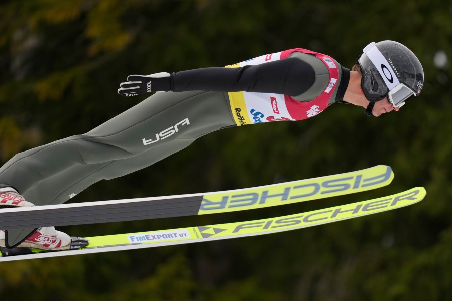 FILE - U.S. Niklas Malacinski competes during the men's Individual Gundersen Ski jumping at the Nordic Combined Triple World Cup in Seefeld, Austria, Feb. 2, 2024. (AP Photo/Matthias Schrader, File)