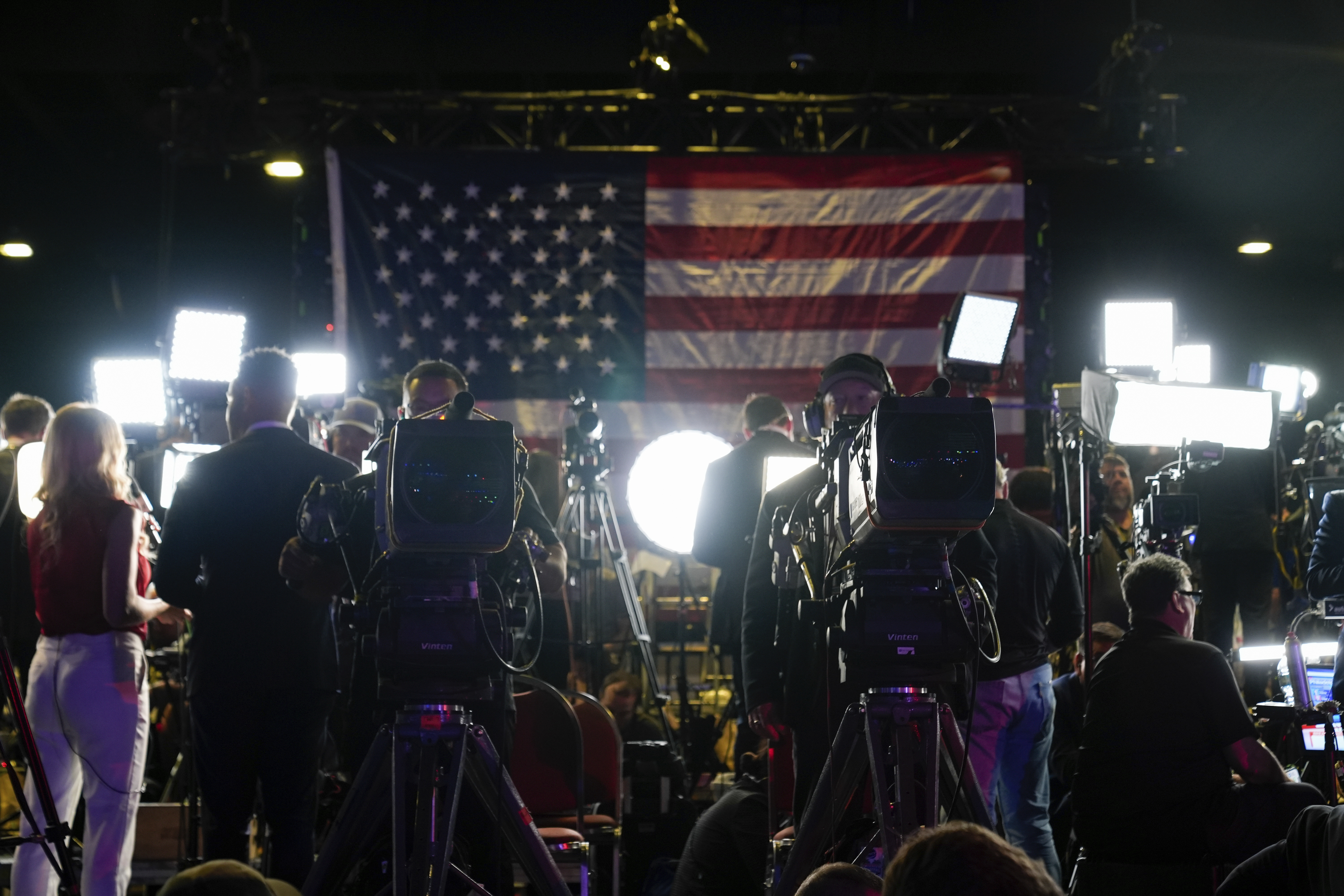 Members of media work at an election night campaign watch party for Republican presidential nominee former President Donald Trump Tuesday, Nov. 5, 2024, in West Palm Beach, Fla.(AP Photo/Alex Brandon)