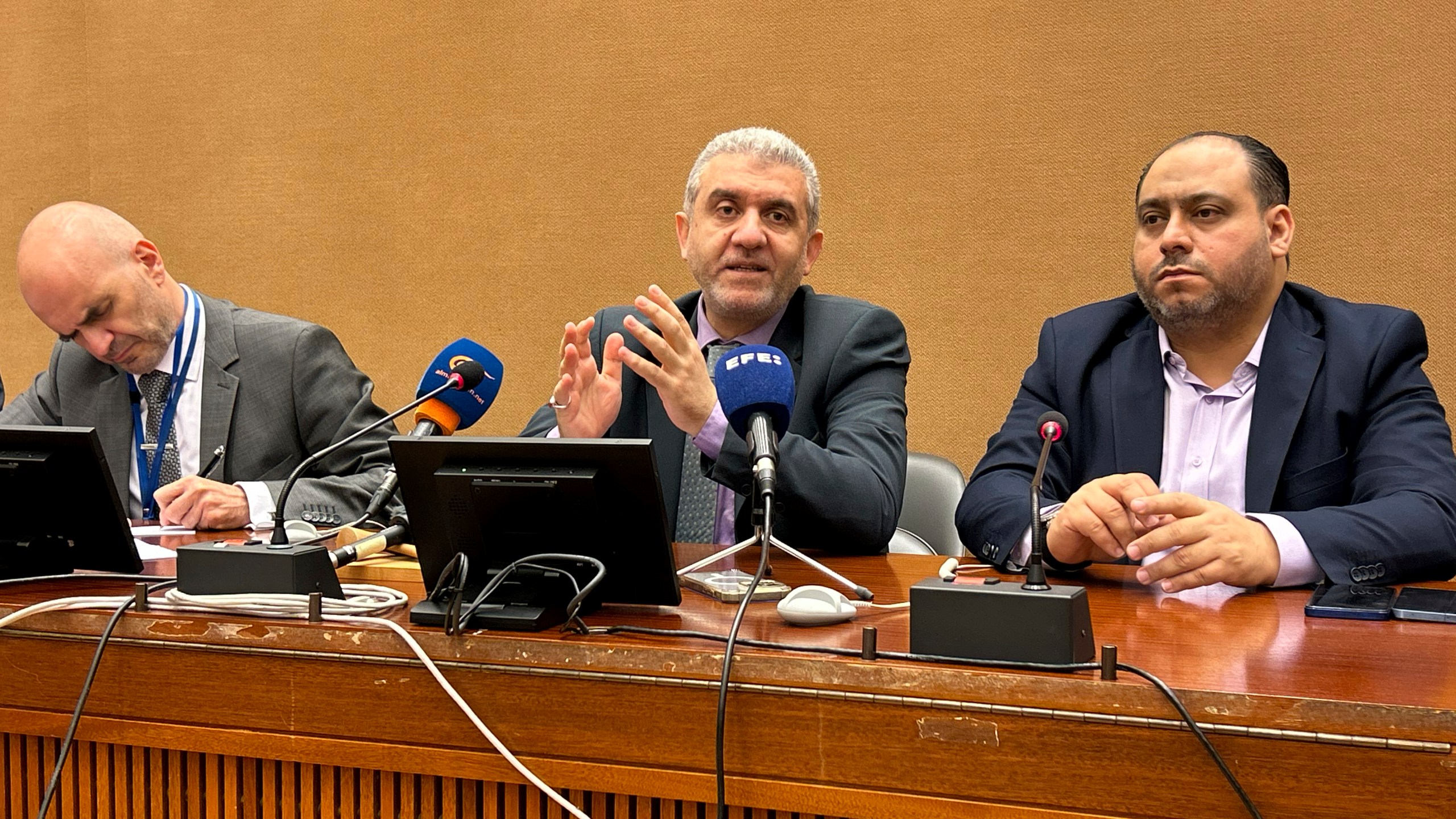 Labor Minister Moustafa Bayram speaks at the International Labor Organization in Geneva, Switzerland, Wednesday Nov. 6, 2024. (AP Photo/Jamey Keaten)