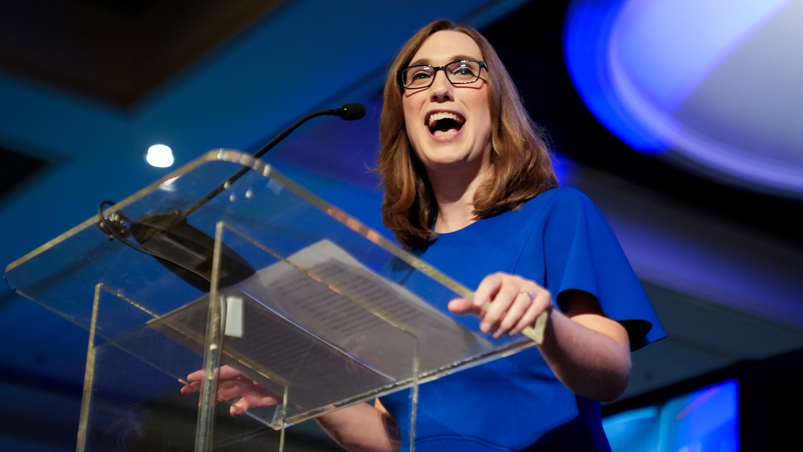 Sarah McBride, Democratic candidate for Delaware's at-large congressional district, speaks during an election night watch party Tuesday, Nov. 5, 2024, in Wilmington, Del. (AP Photo/Pamela Smith)