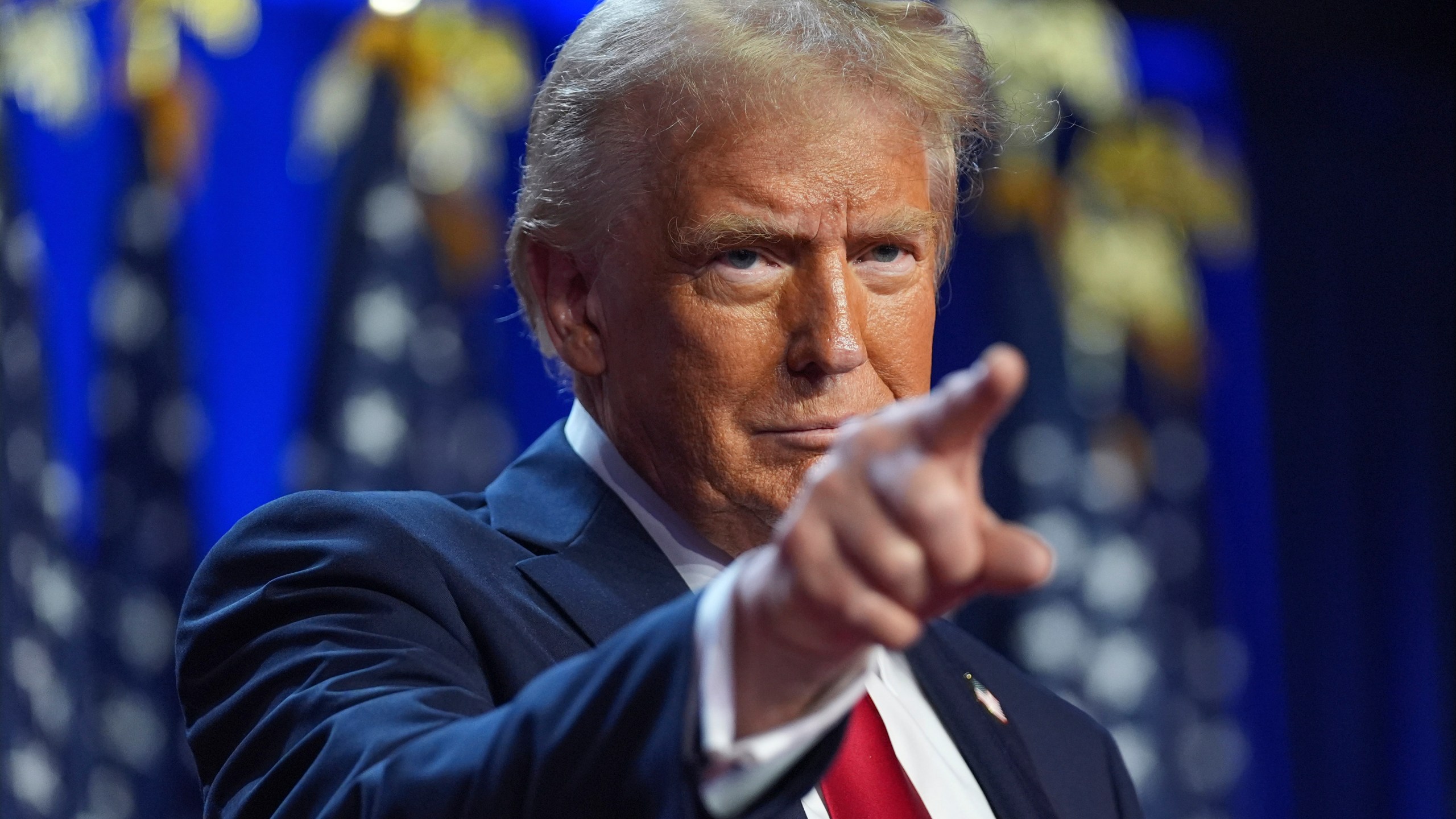 Republican presidential nominee former President Donald Trump arrives at an election night watch party at the Palm Beach Convention Center, Wednesday, Nov. 6, 2024, in West Palm Beach, Fla. (AP Photo/Evan Vucci)