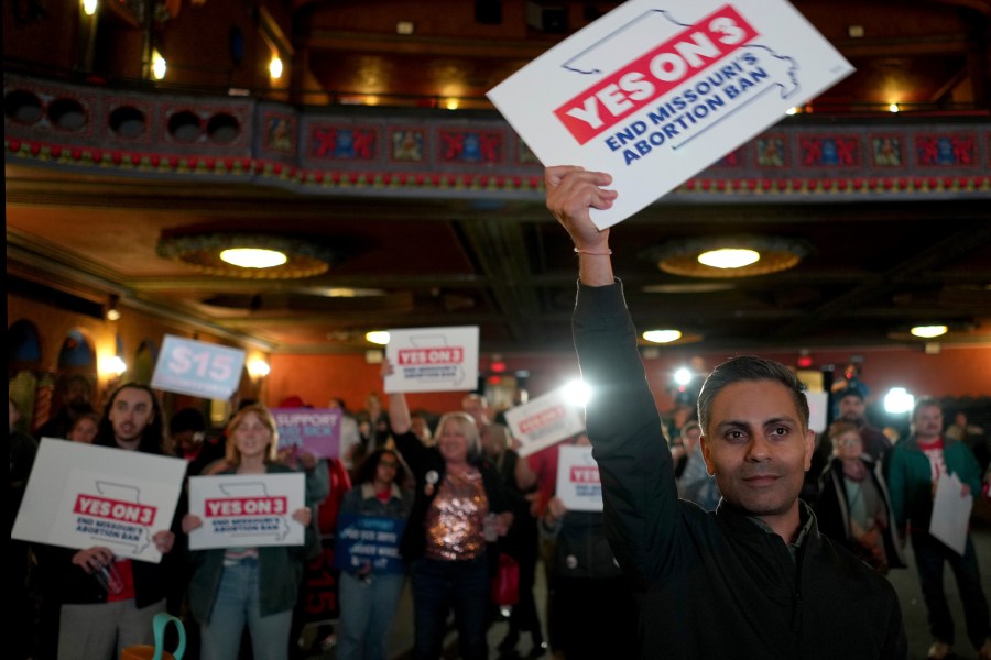 People at an election night watch party react after an abortion rights amendment to the Missouri constitution passed, Tuesday, Nov. 5, 2024, in Kansas City, Mo. (AP Photo/Charlie Riedel)