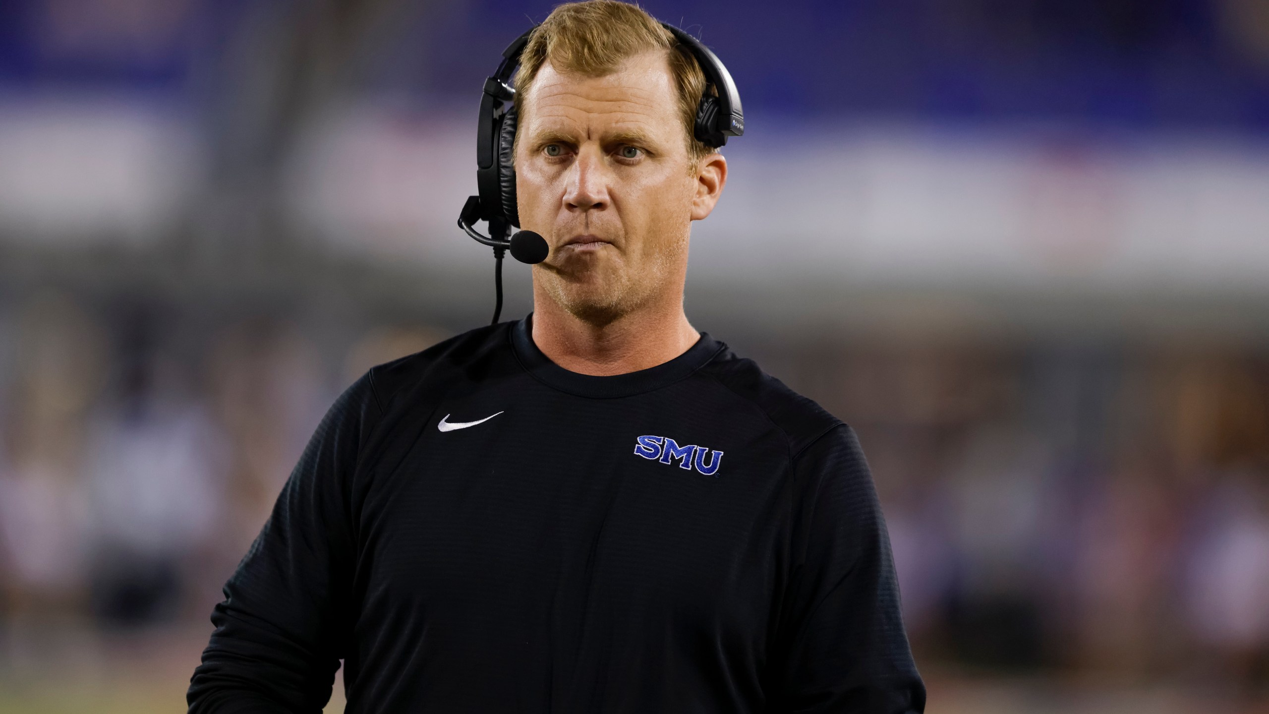 SMU head coach Rhett Lashlee walks the sideline during the first half of an NCAA college football game against Pittsburgh in Dallas, Saturday, Nov. 2, 2024. (AP Photo/Gareth Patterson)