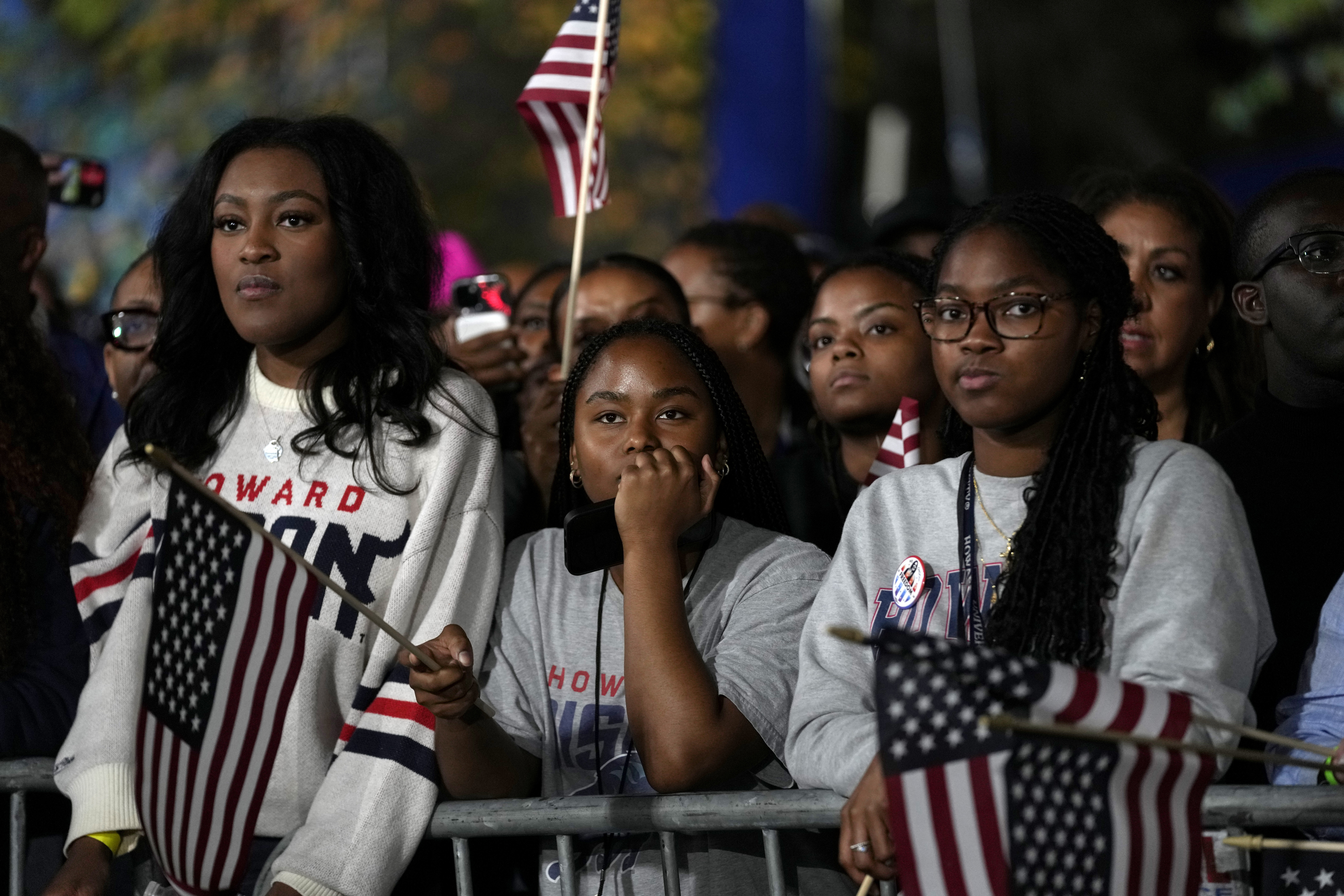 Supporters watch as results come in at an election night campaign watch party for Democratic presidential nominee Vice President Kamala Harris, Tuesday, Nov. 5, 2024, on the campus of Howard University in Washington. (AP Photo/Susan Walsh)