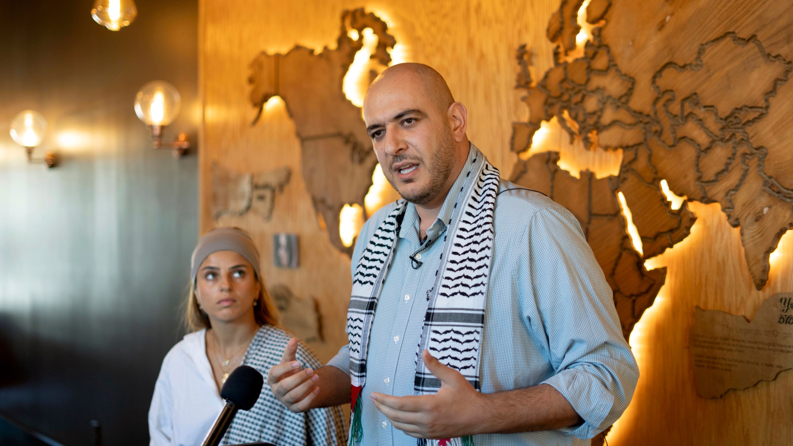 Uncommitted National Movement organizers Abbas Alawieh, right, and Lexis Zeidan, speak to the media about President-elect Donald Trump's victory Wednesday, Nov. 6, 2024, in Dearborn, Mich. (AP Photo/David Goldman)