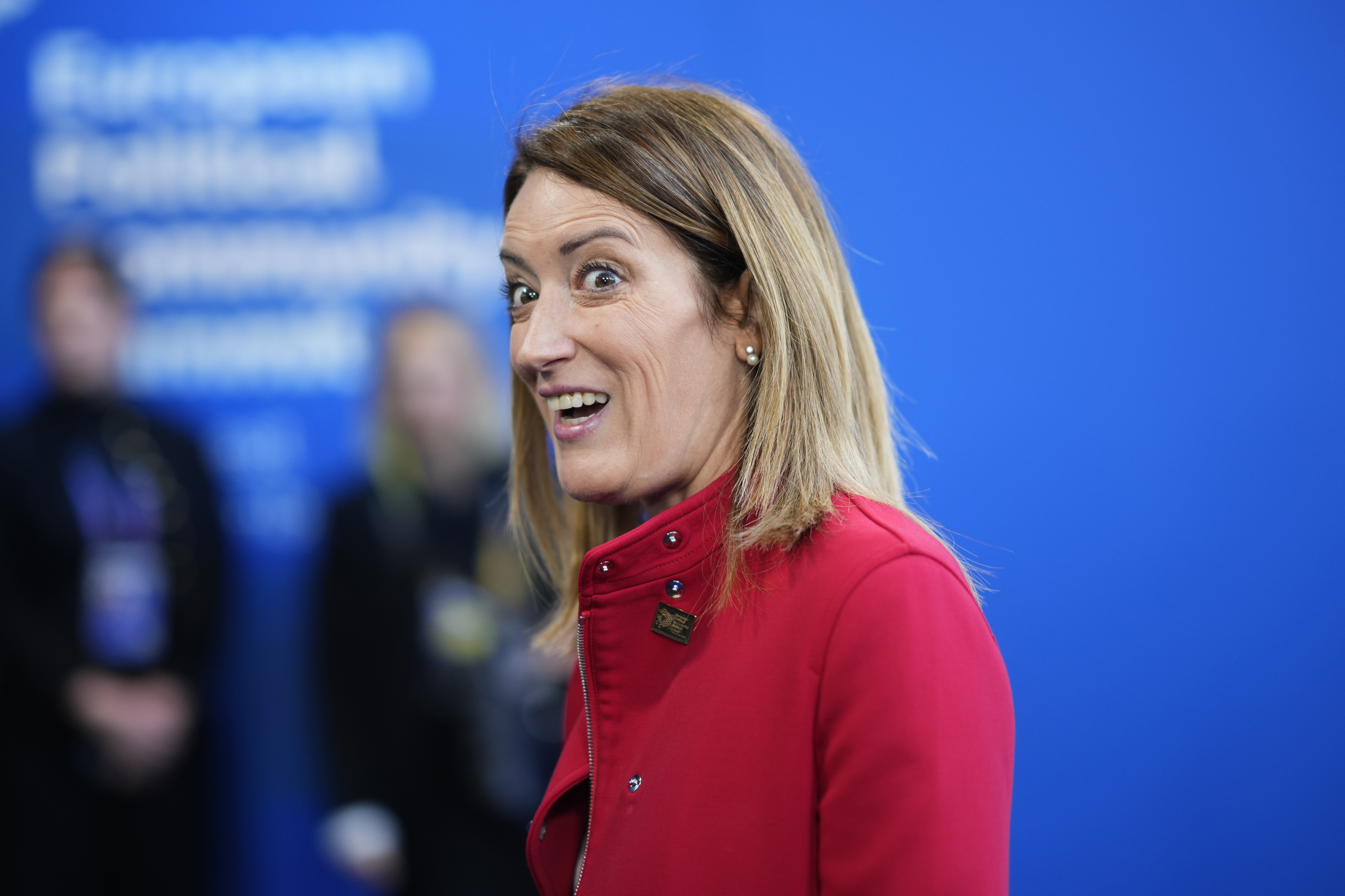 European Parliament President Roberta Metsola arrives for the European Political Community (EPC) Summit at the Puskas Arena in Budapest, Hungary, Thursday, Nov. 7, 2024. (AP Photo/Petr Josek)