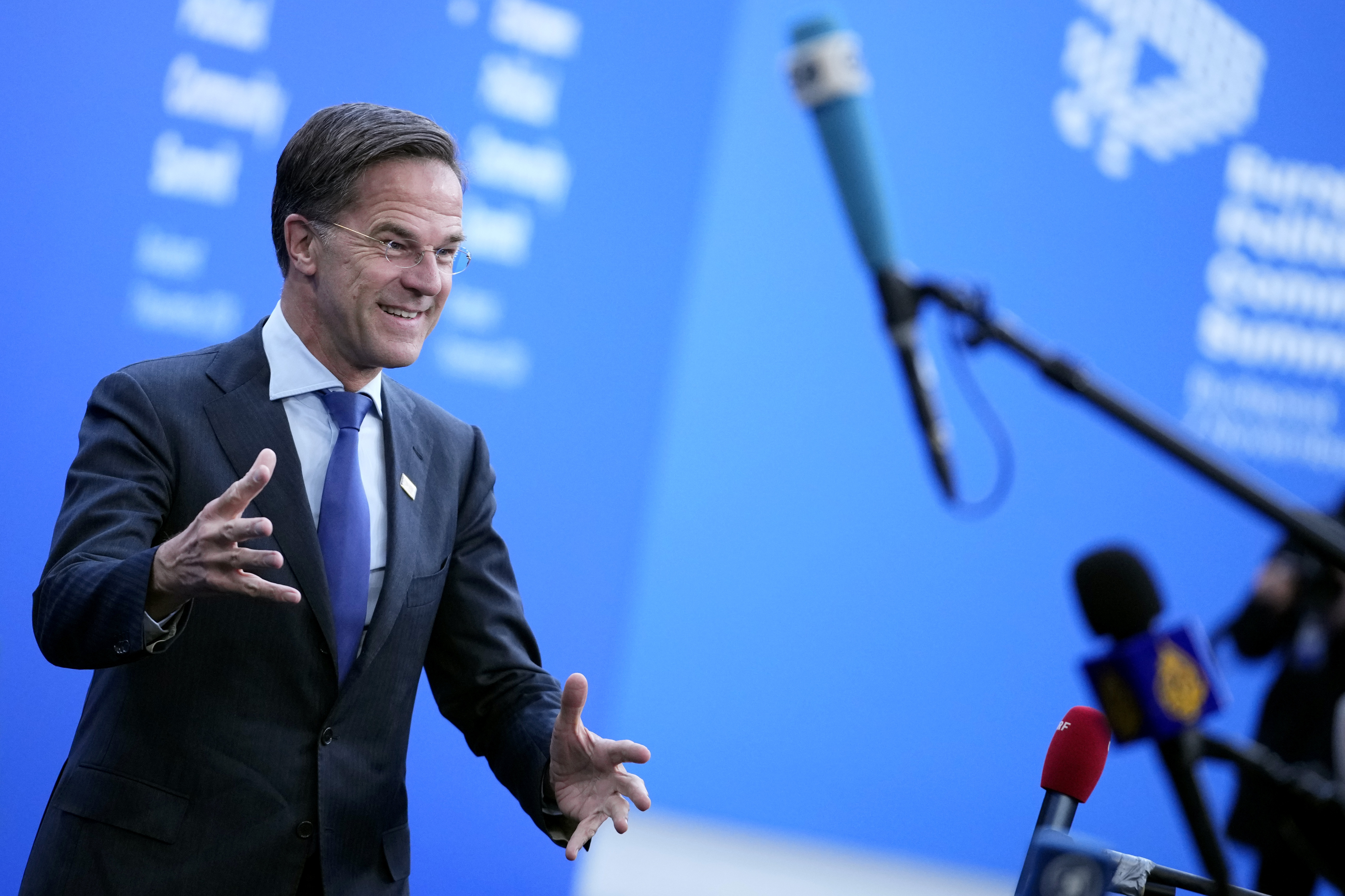 NATO Secretary General Mark Rutte speaks with the media as he arrives for the European Political Community (EPC) Summit at the Puskas Arena in Budapest, Hungary, Thursday, Nov. 7, 2024. (AP Photo/Petr Josek)