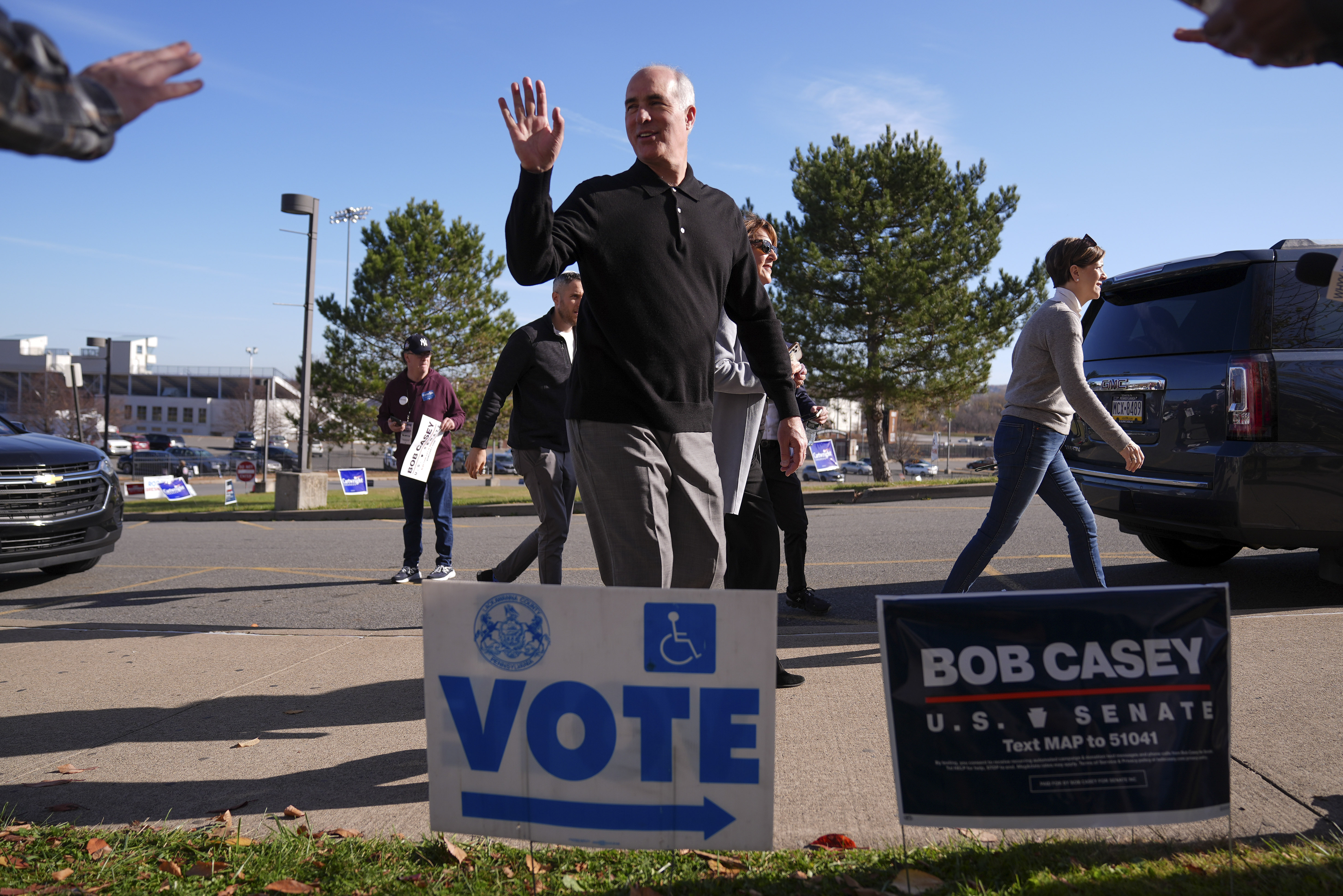 Sen. Bob Casey, D-Pa., departs a polling place after voting, Tuesday, Nov. 5, 2024, in Scranton, Pa. (AP Photo/Matt Rourke)