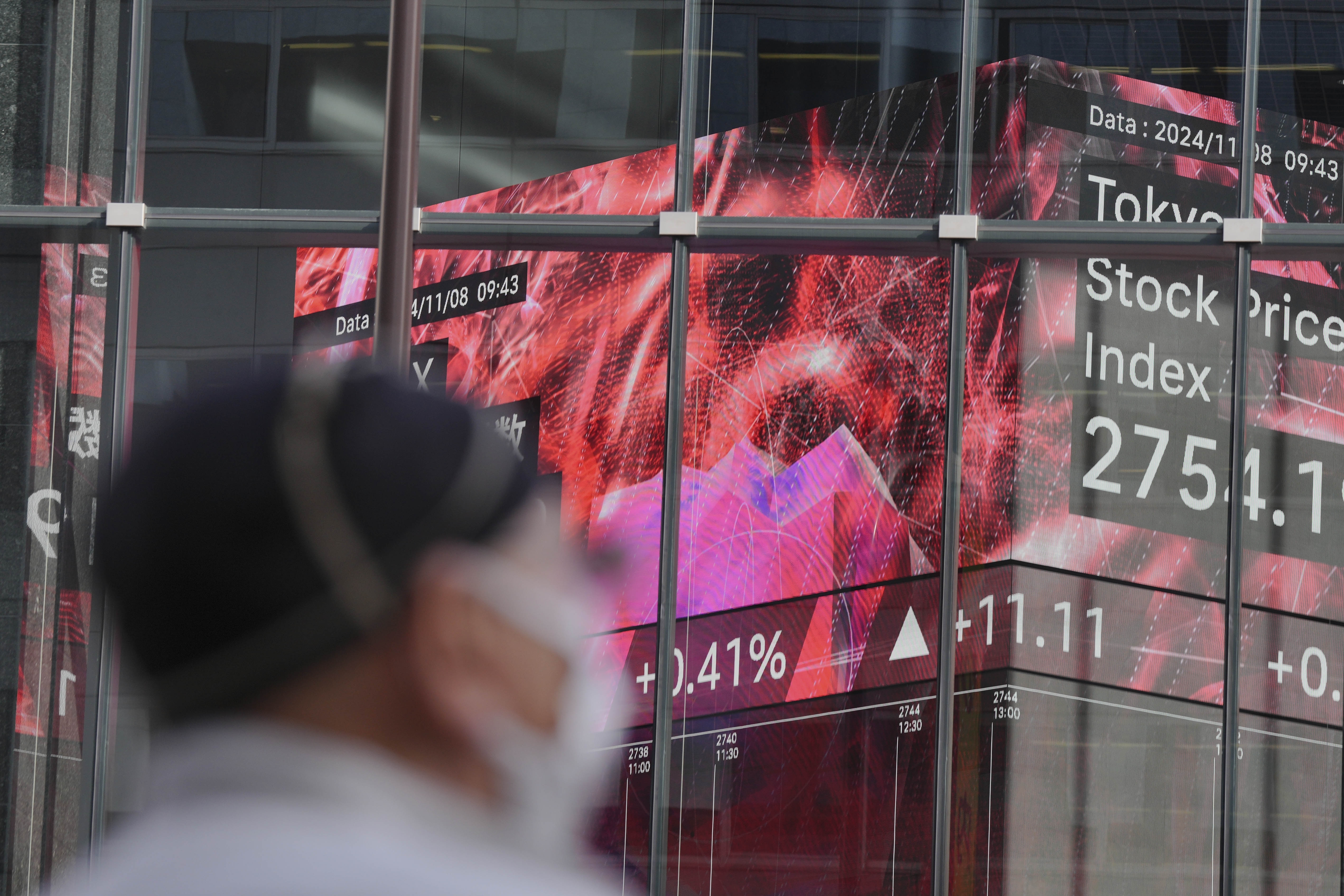 A person walks in front of an electronic stock board showing Tokyo Stock Price index at a securities firm Friday, Nov. 8, 2024, in Tokyo. (AP Photo/Eugene Hoshiko)