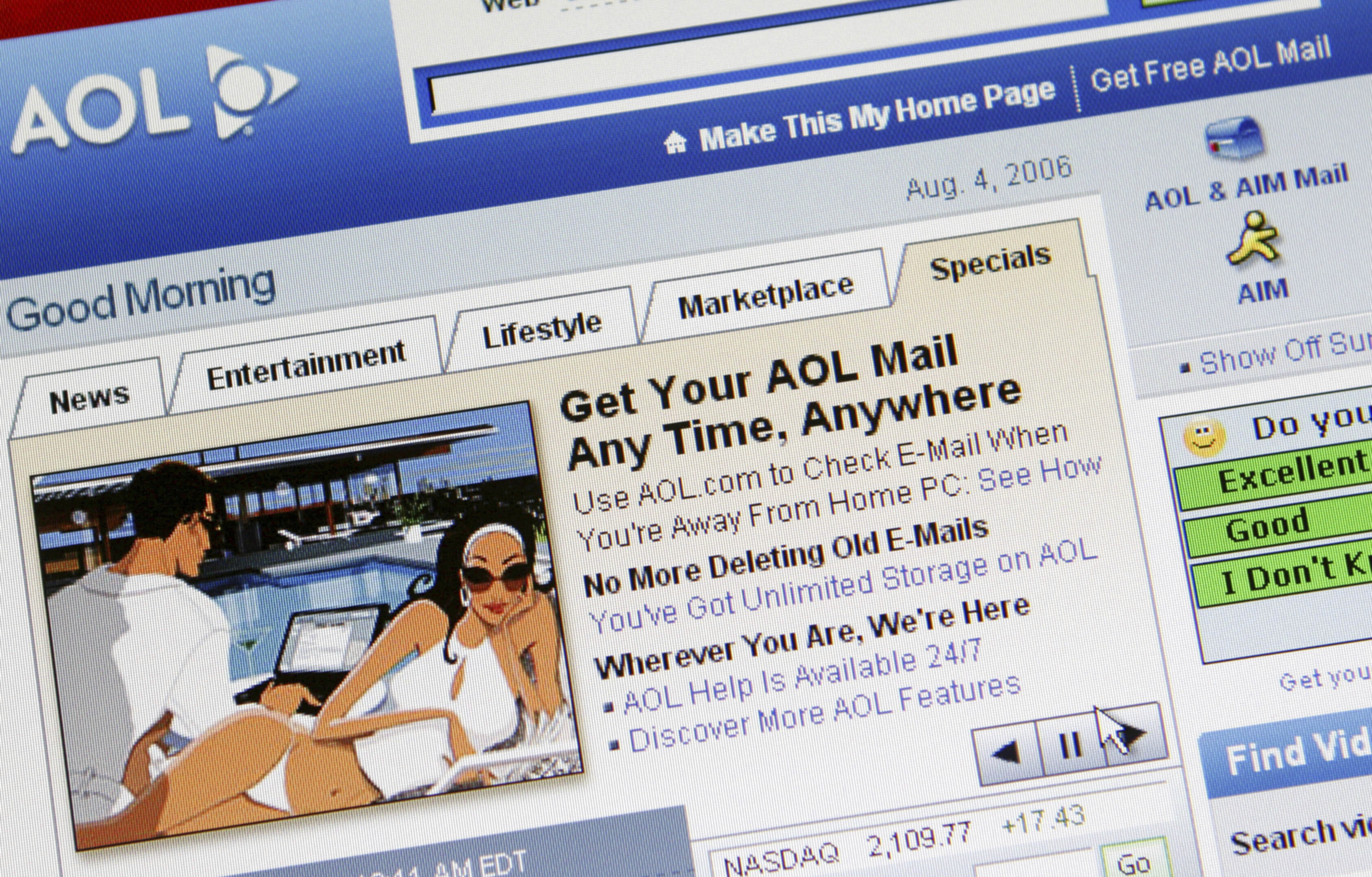 FILE - AOL's home page is shown on a computer screen, Aug. 4, 2006, in New York. (AP Photo/Mark Lennihan, File)